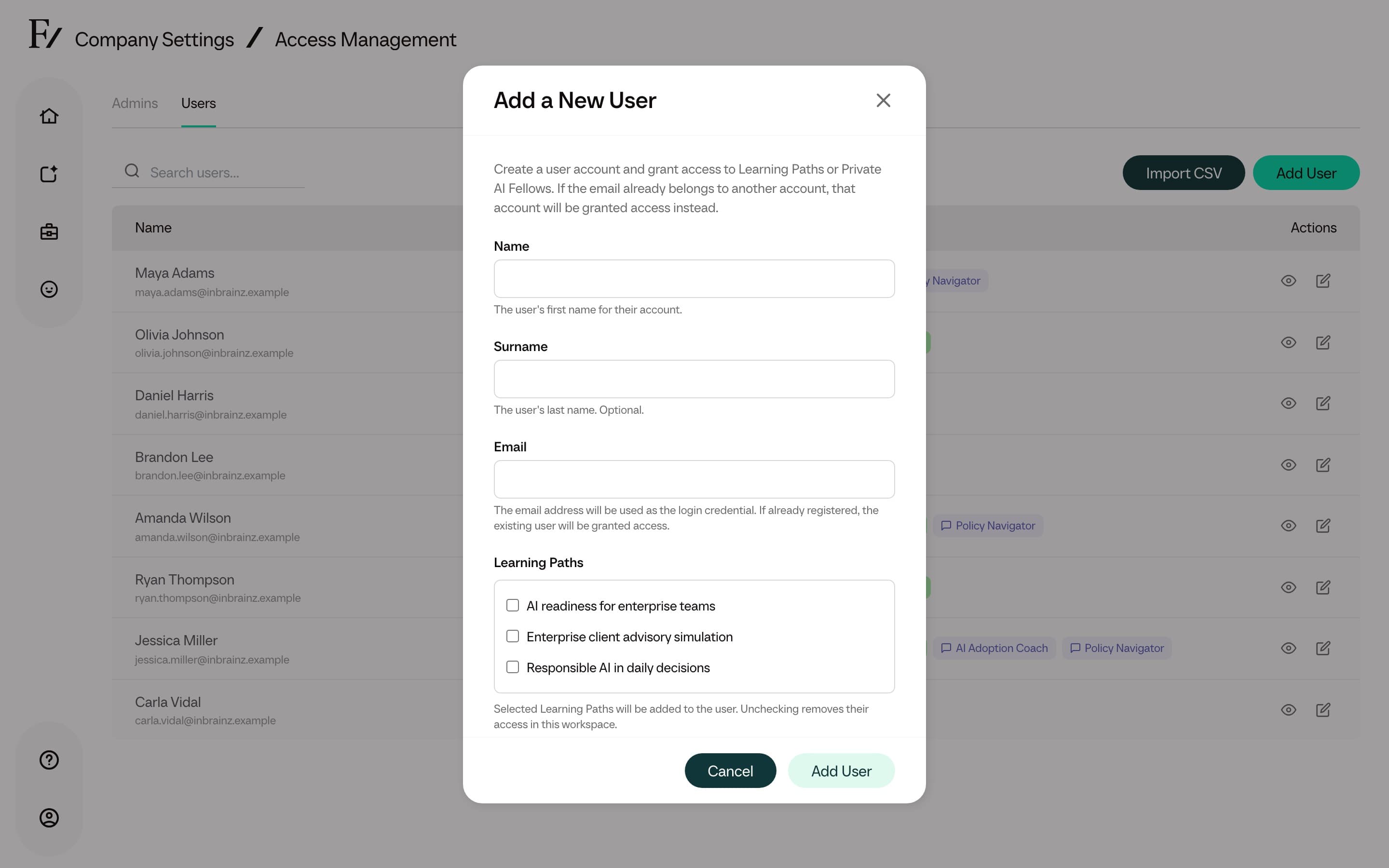 Access Management Users tab with the Add a New User modal open