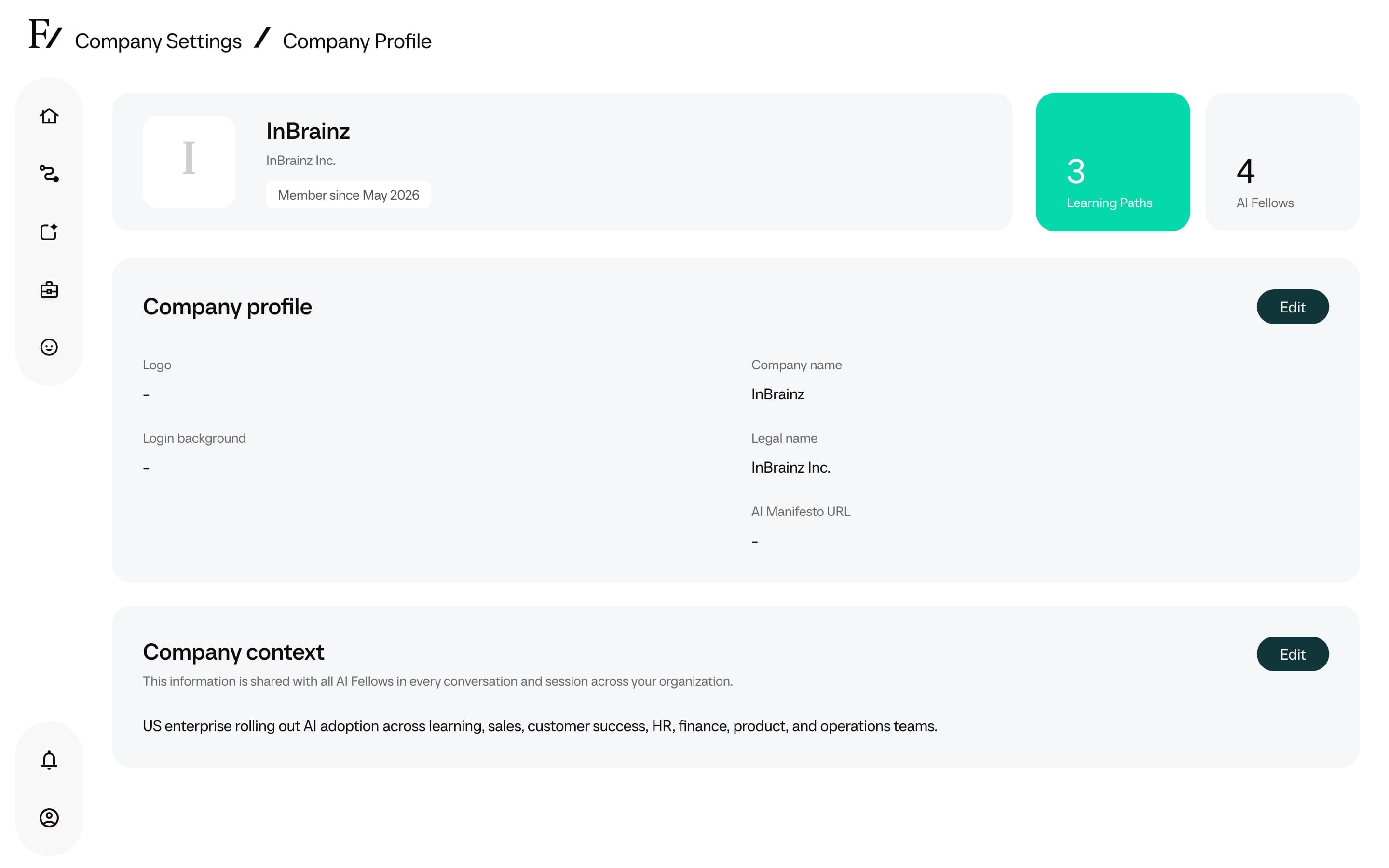 Company Profile view mode showing InBrainz name, legal name, and branding area