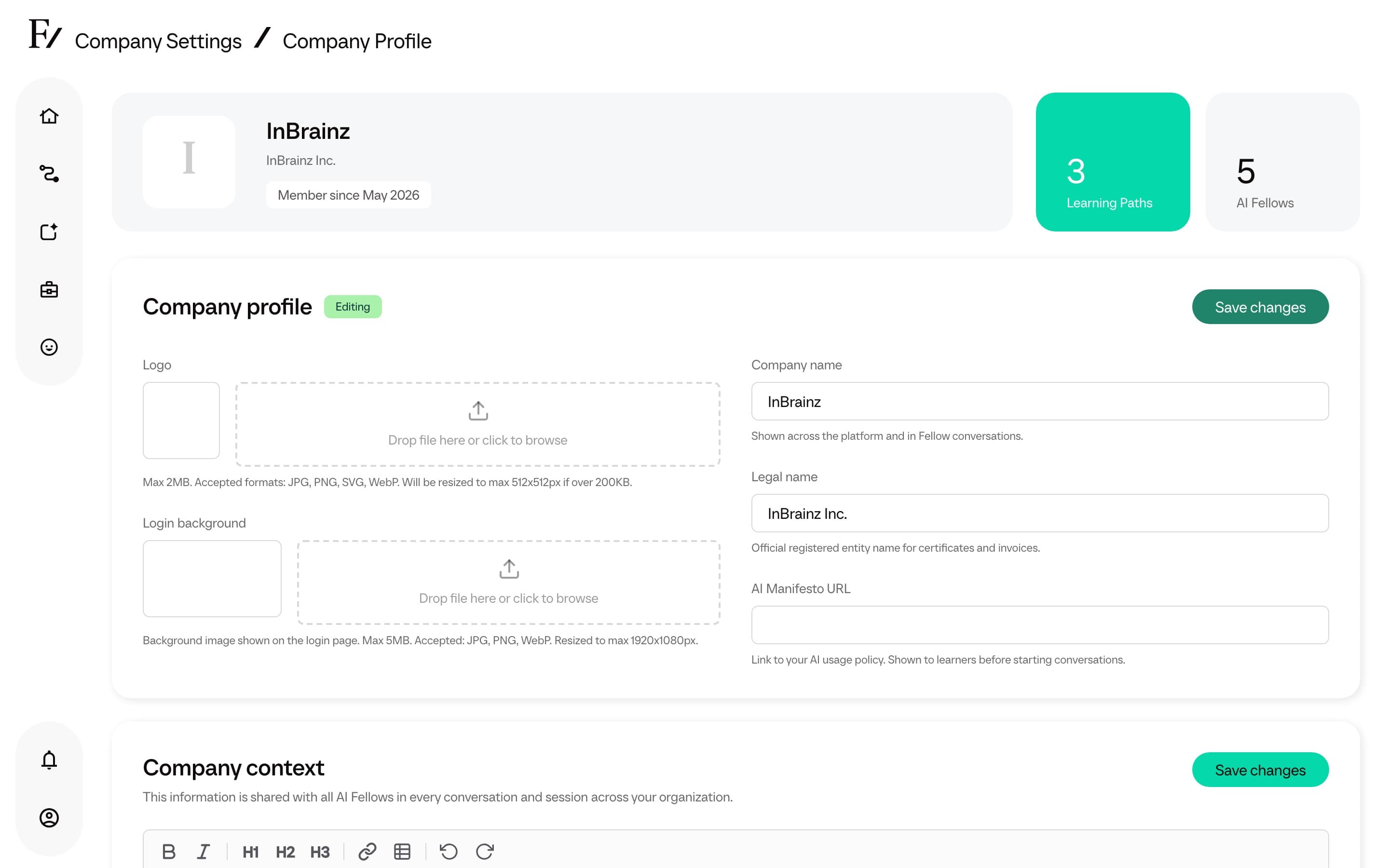 Company Profile edit mode with company context field visible