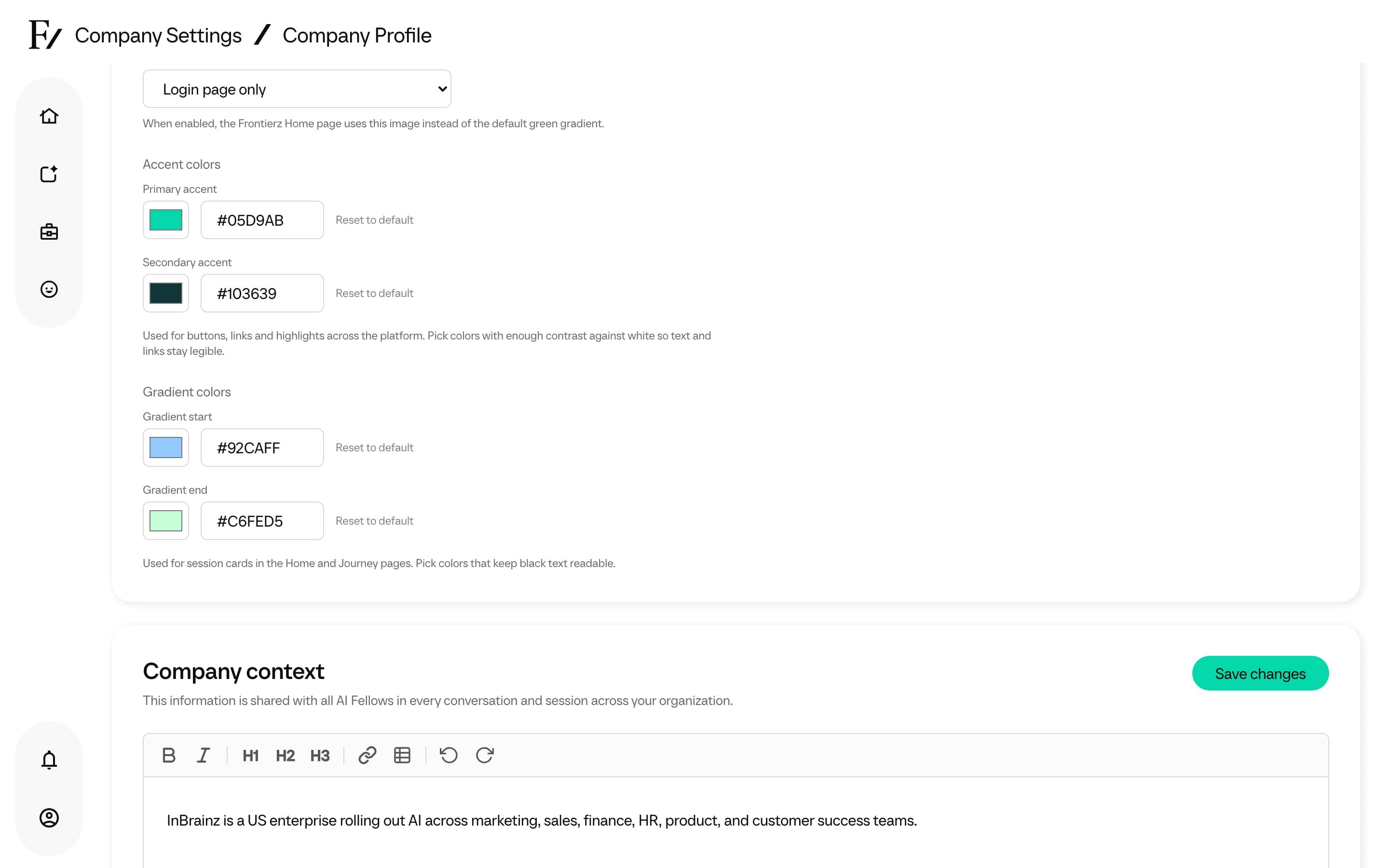 Company Profile branding section with accent and gradient color pickers