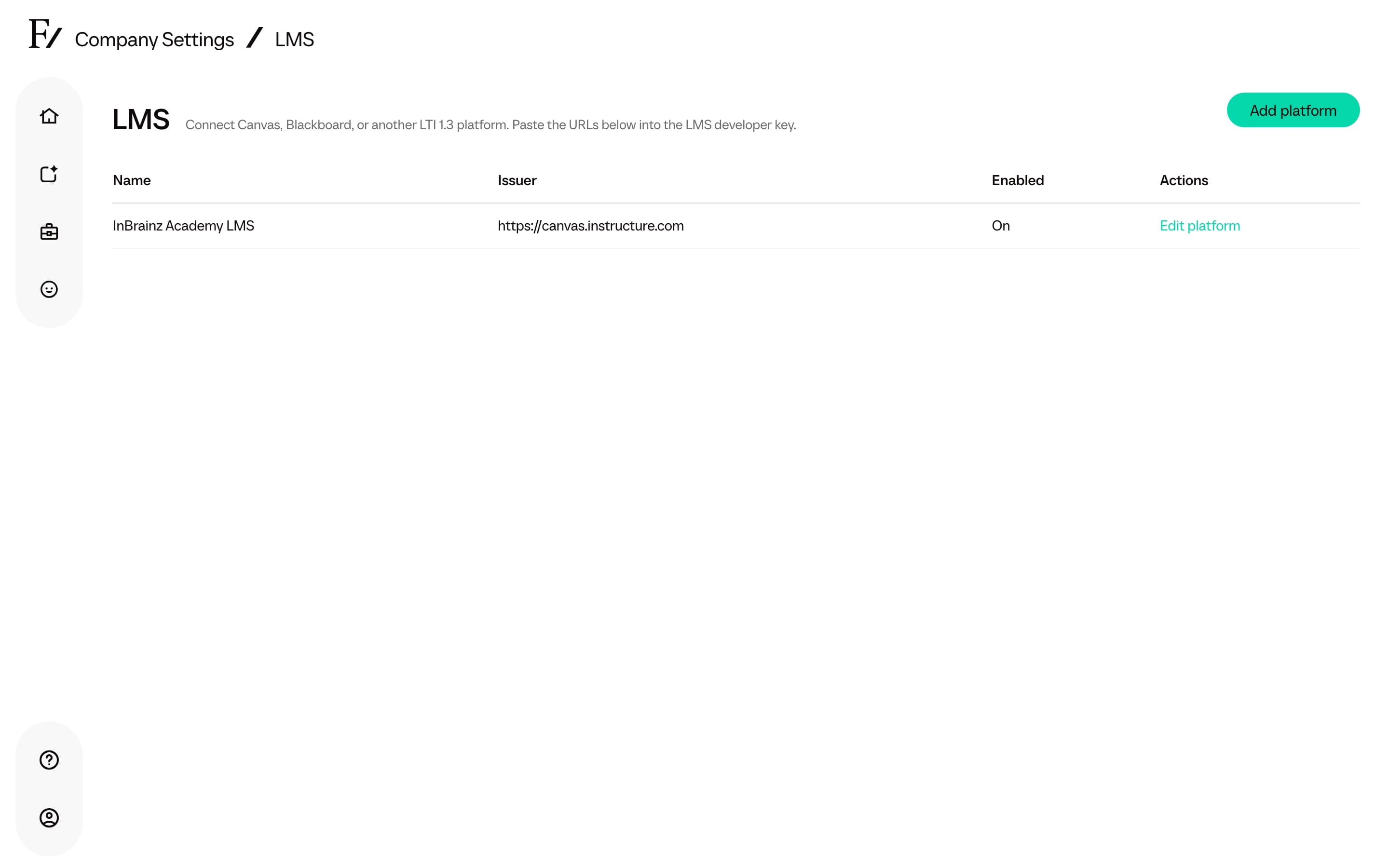LMS page with an InBrainz Academy platform row