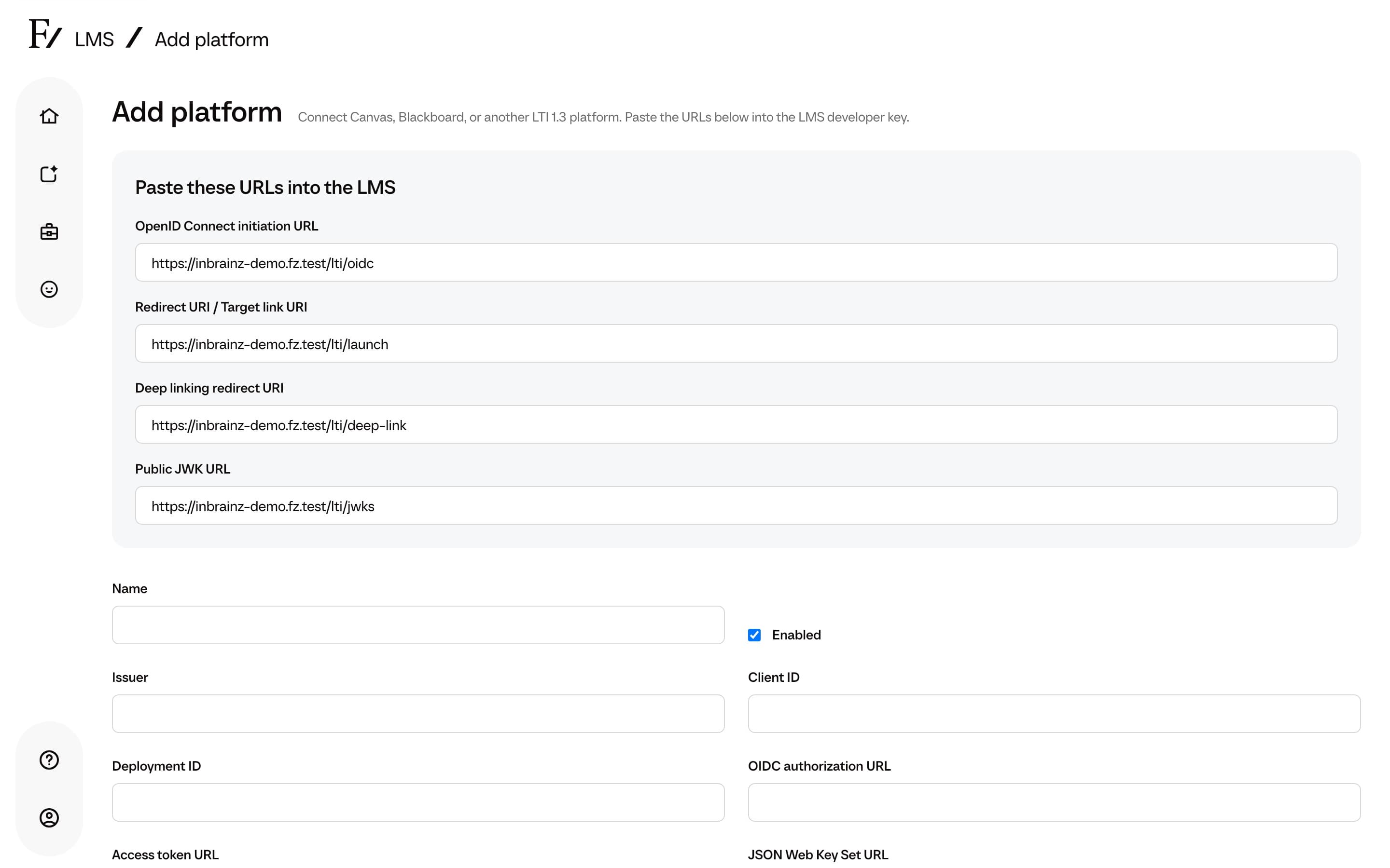 Add platform form showing Frontierz tool URLs and LMS fields