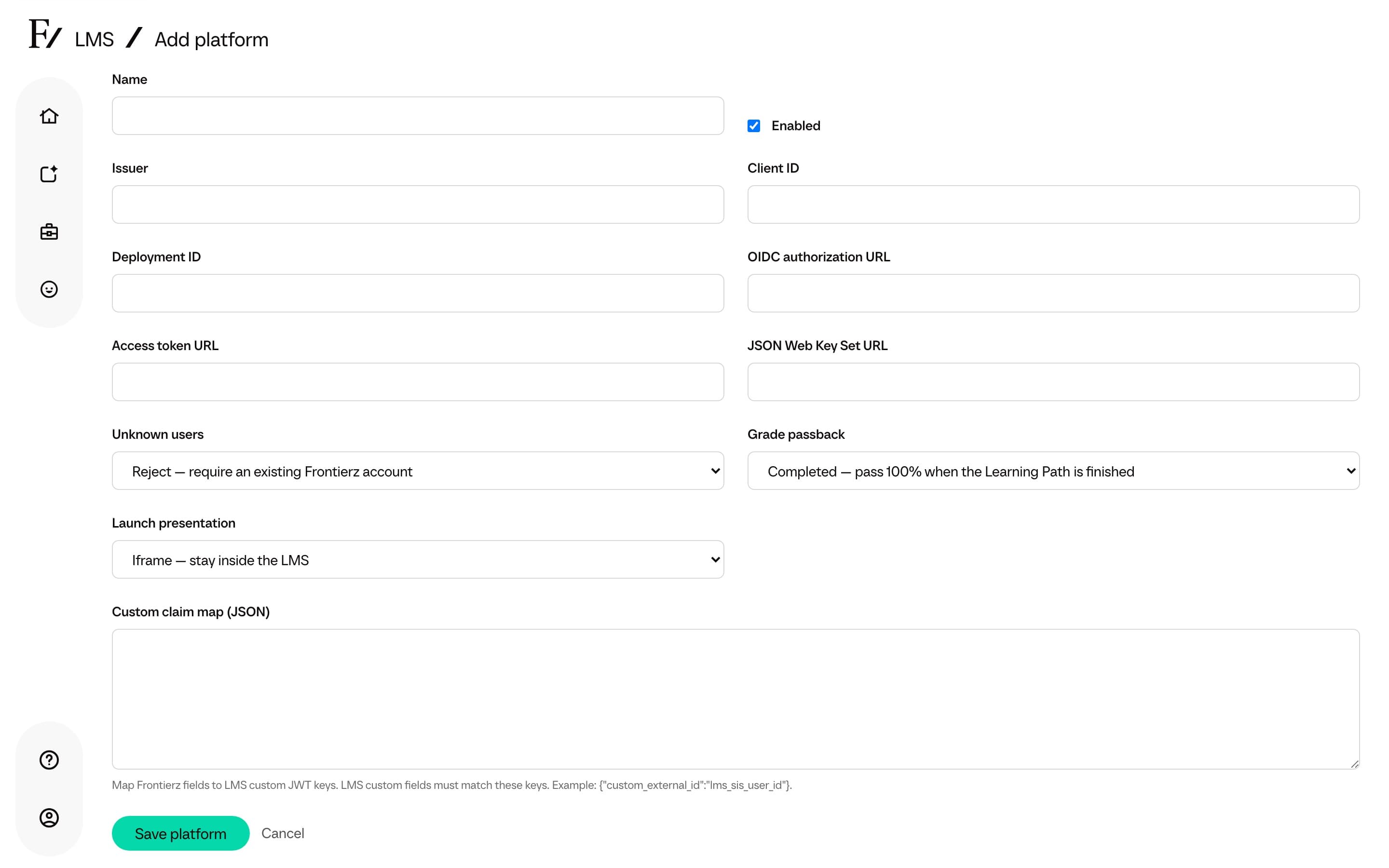 Add platform launch options and custom claim map