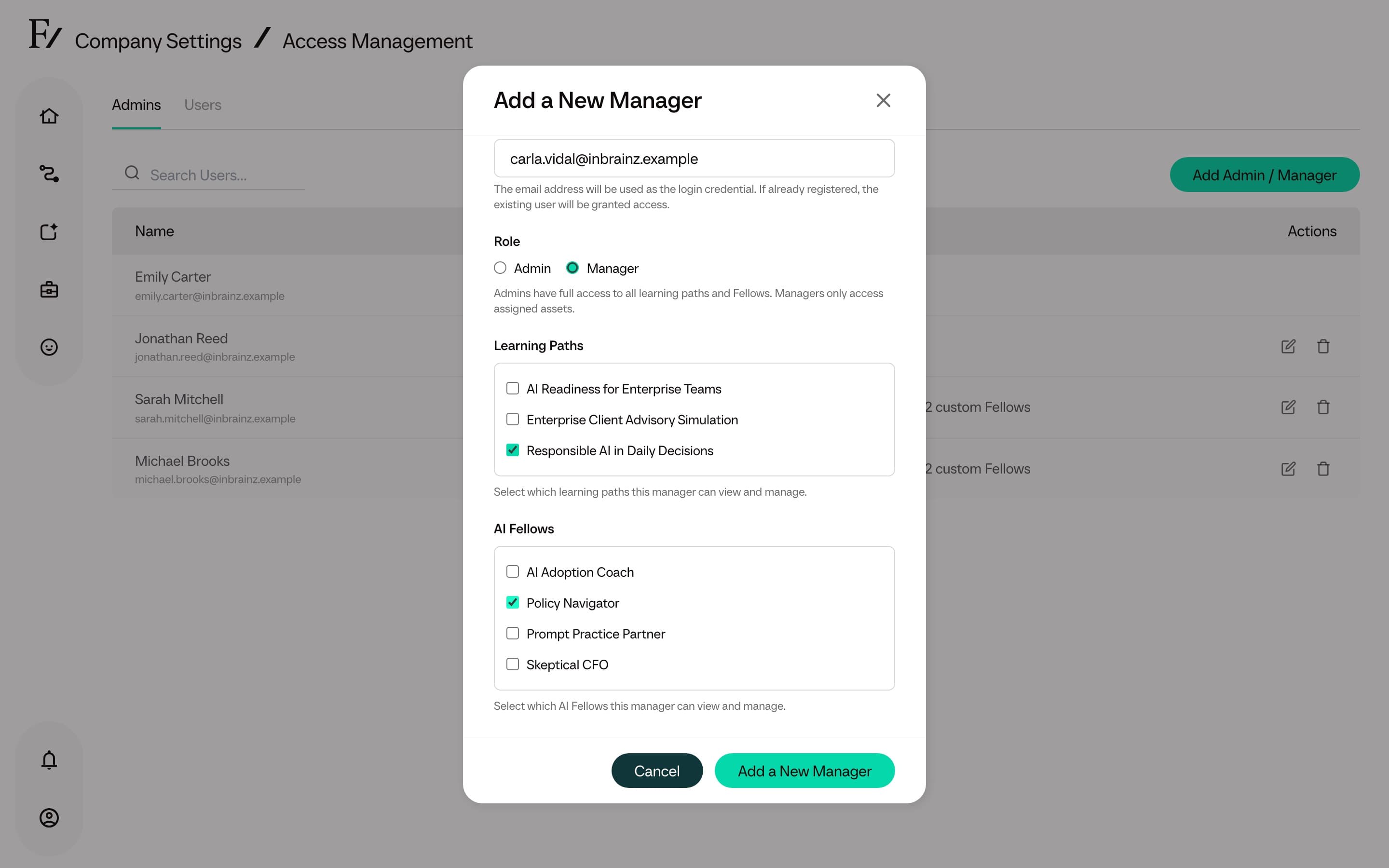 Add Full Admin or Manager modal with Manager role selected and assignments visible