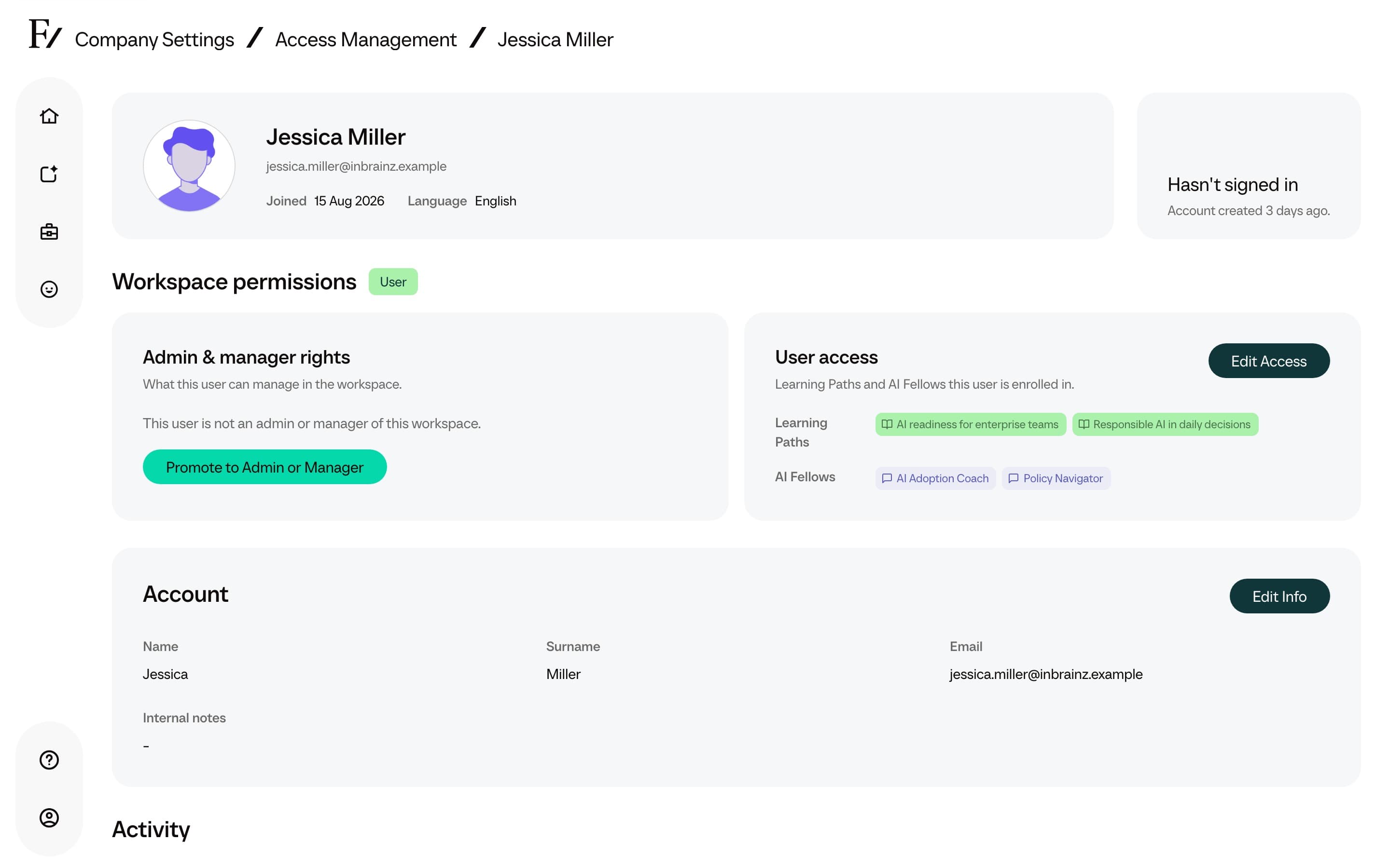 User detail page showing identity, role, and workspace permissions
