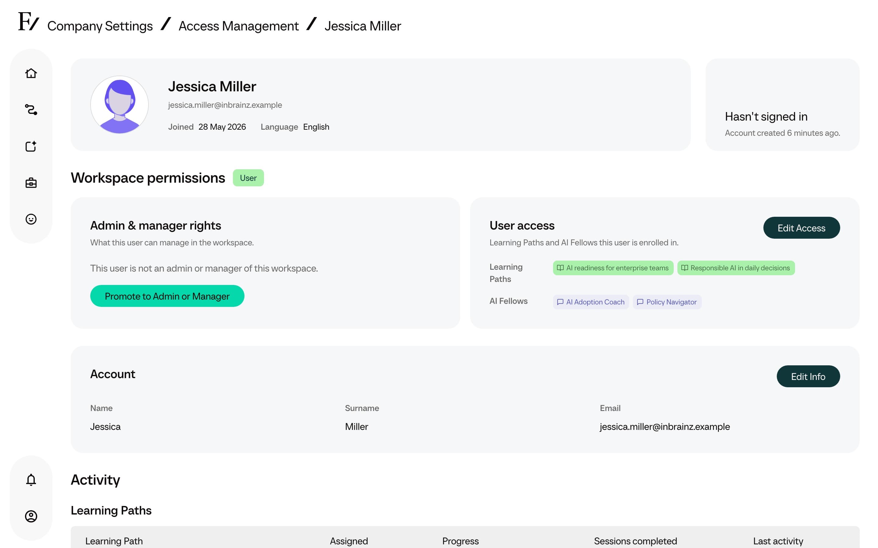 User detail page showing identity, role, and workspace permissions