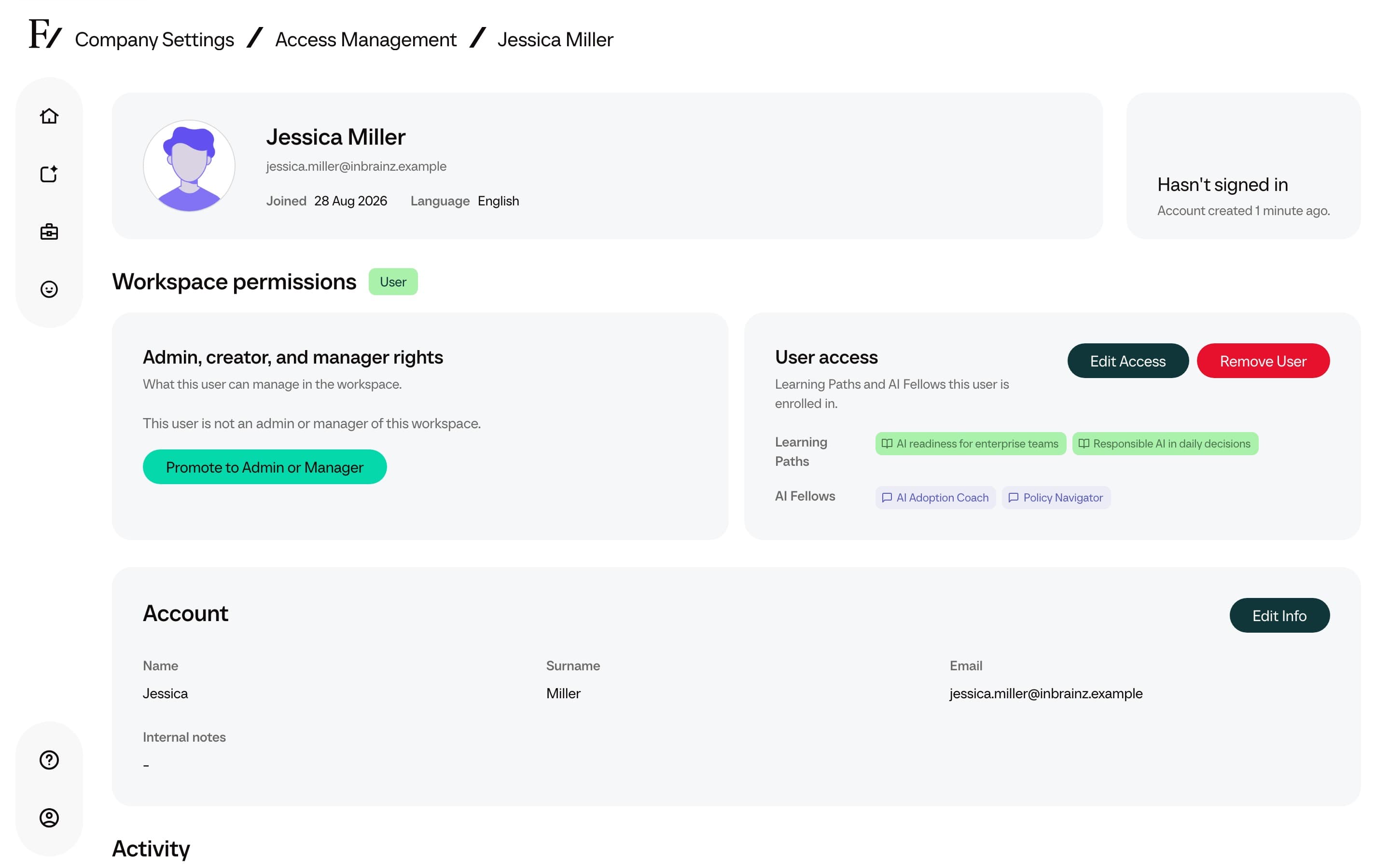 User detail page with Remove User next to Edit Access