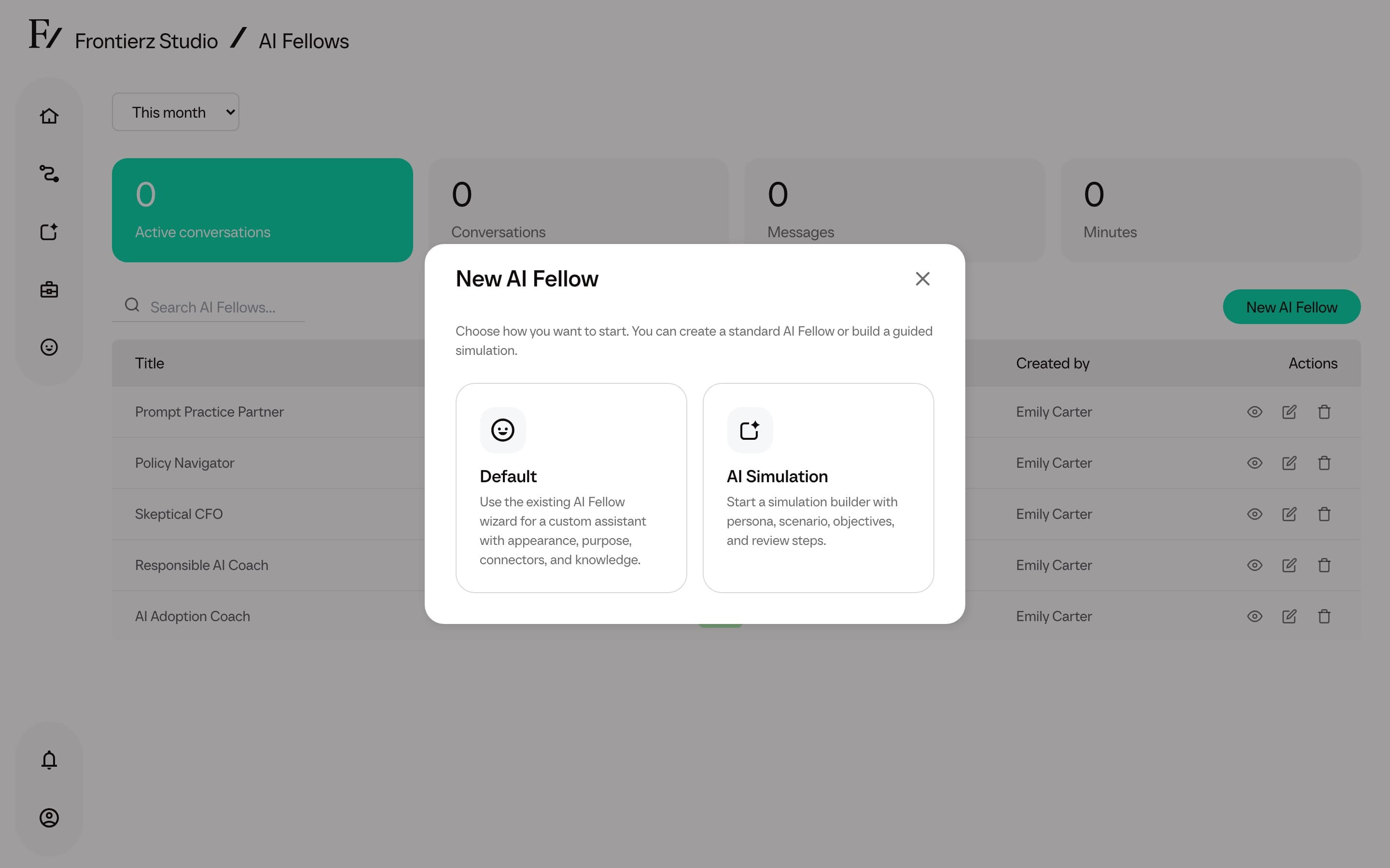New AI Fellow modal showing the AI Simulation option