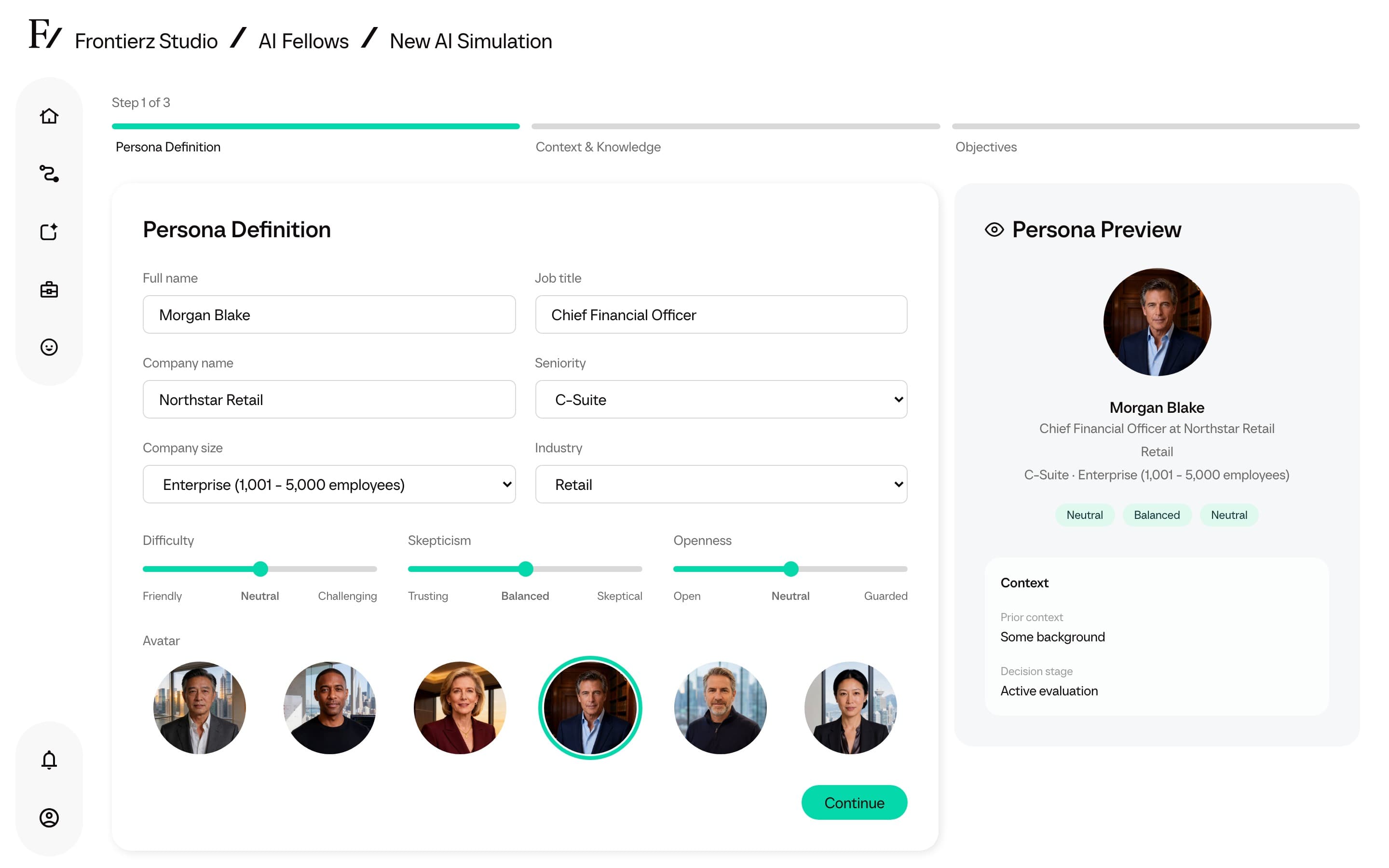 AI Simulation builder with persona fields and live preview