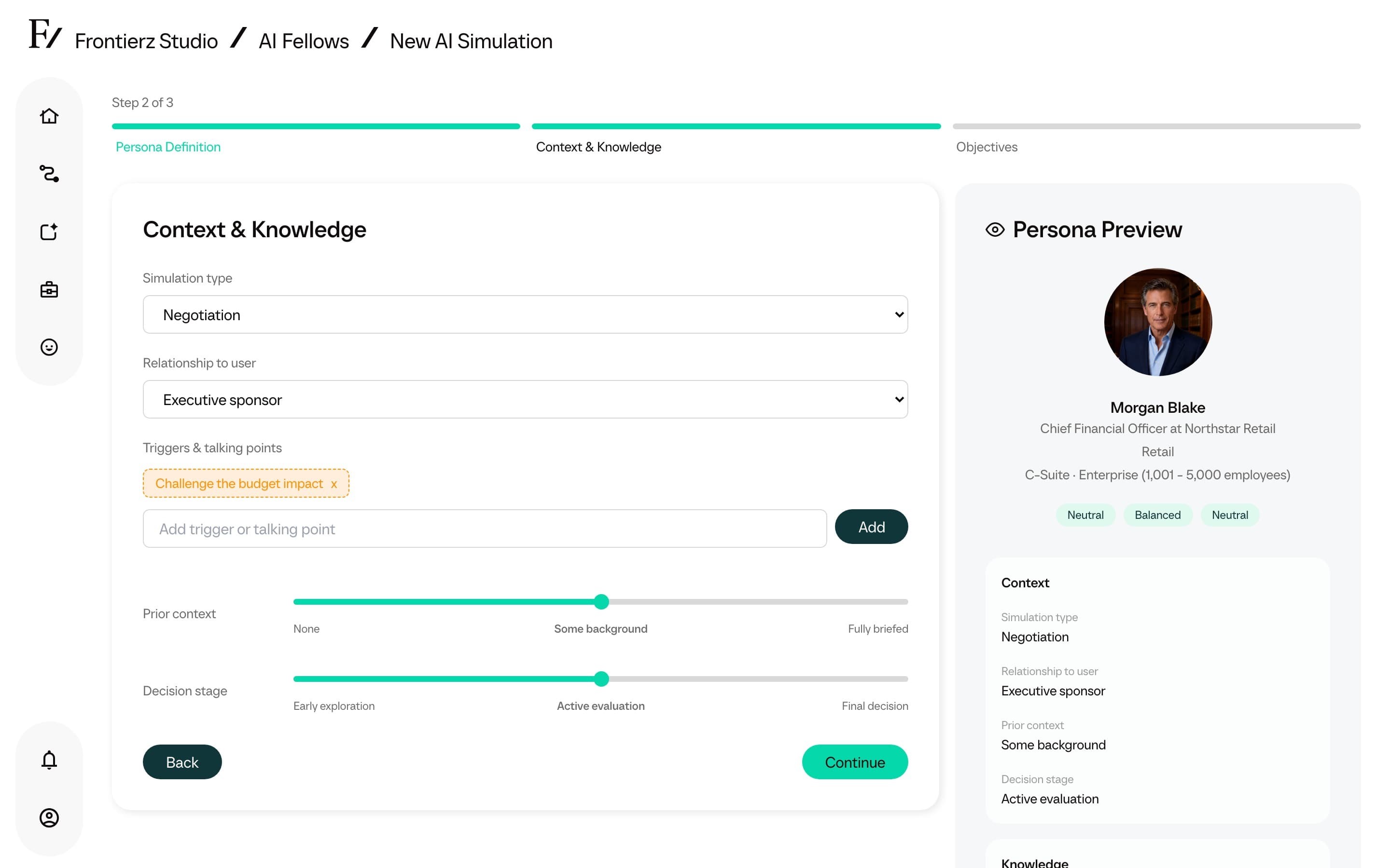 AI Simulation context step with relationship and talking points