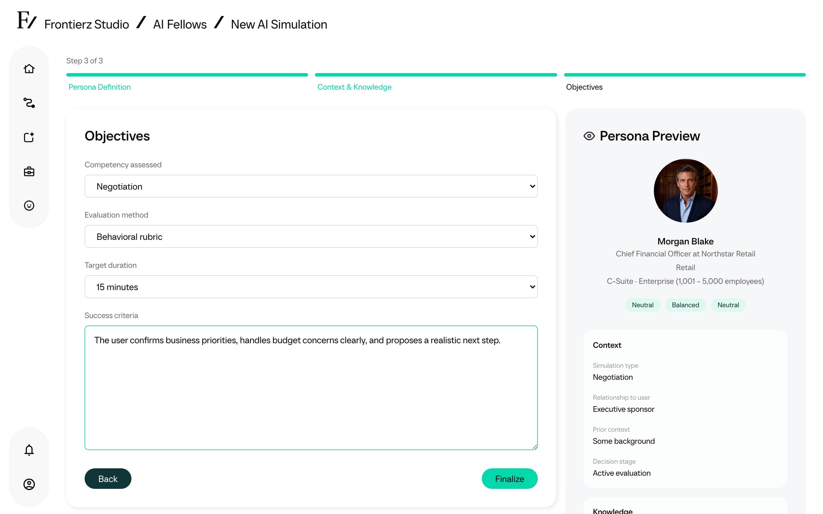 AI Simulation objectives step with success criteria
