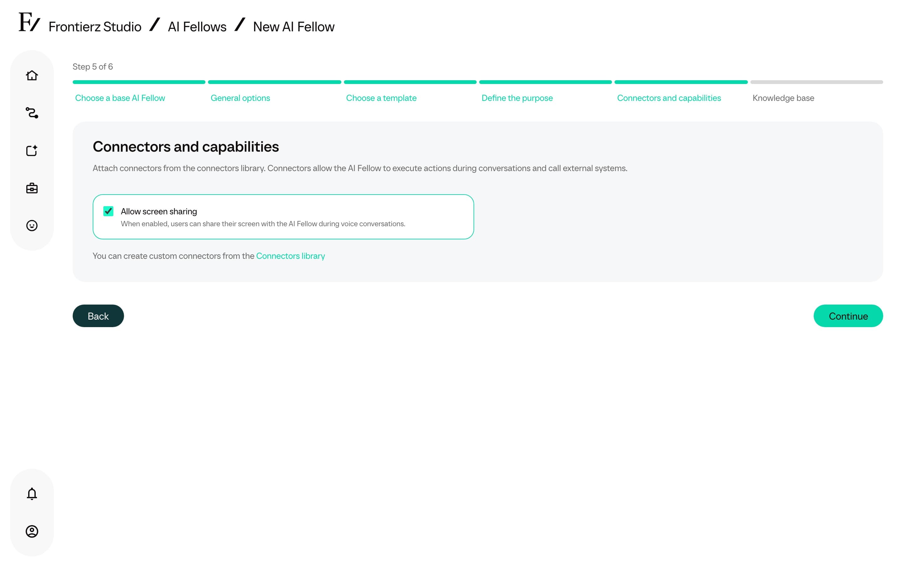 Connectors and capabilities panel in AI Fellow editor