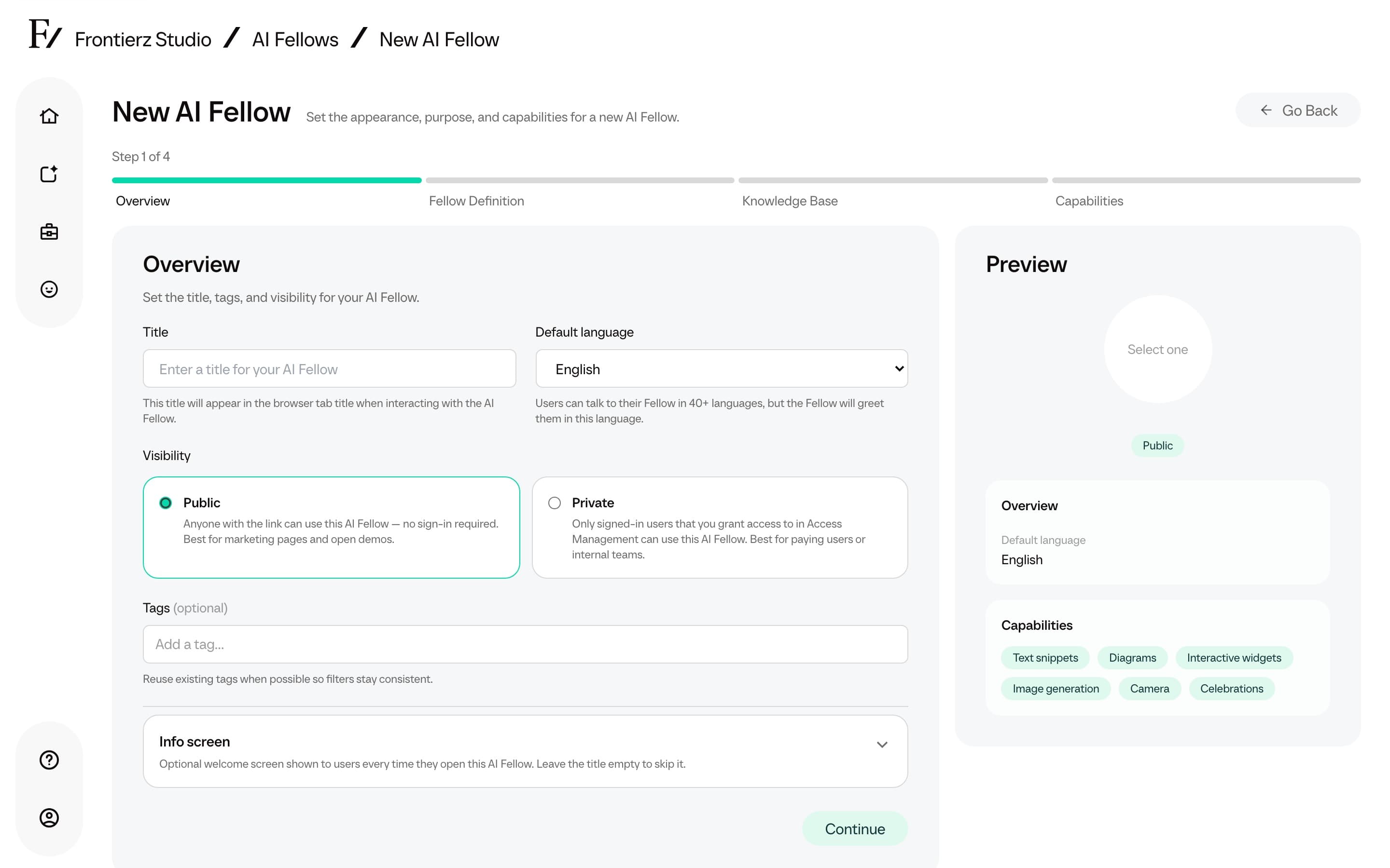 Overview step with title, tags, language, visibility, and info screen