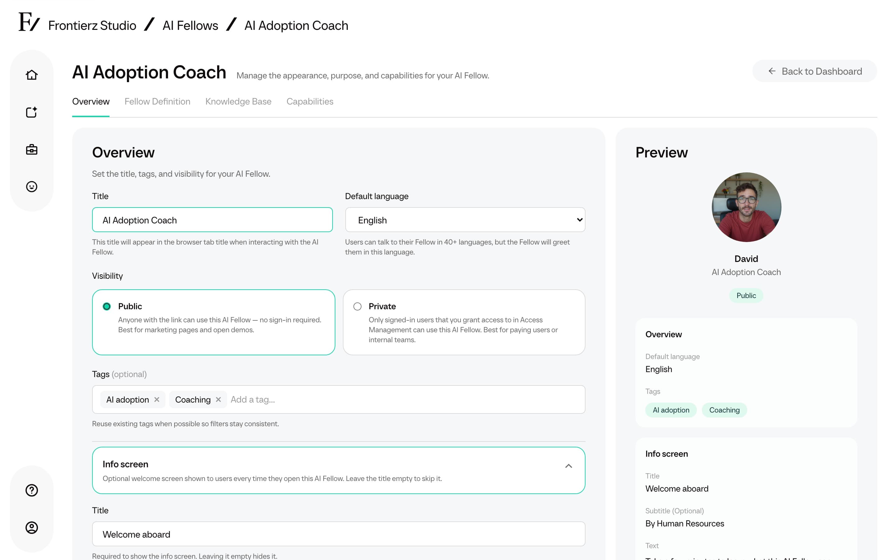 AI Fellow editor Overview tab with Preview