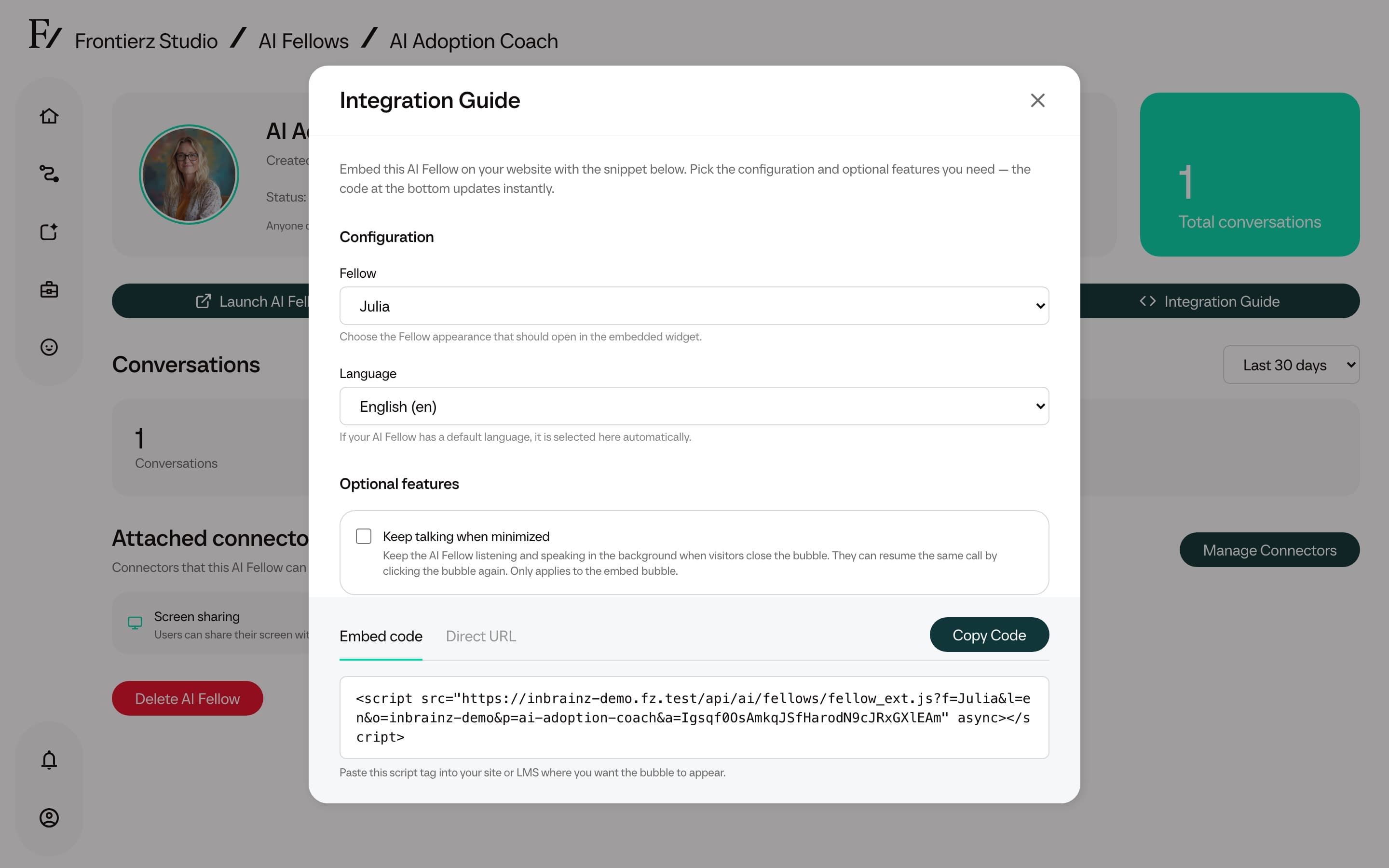 AI Fellow monitor page with Integration Guide button visible