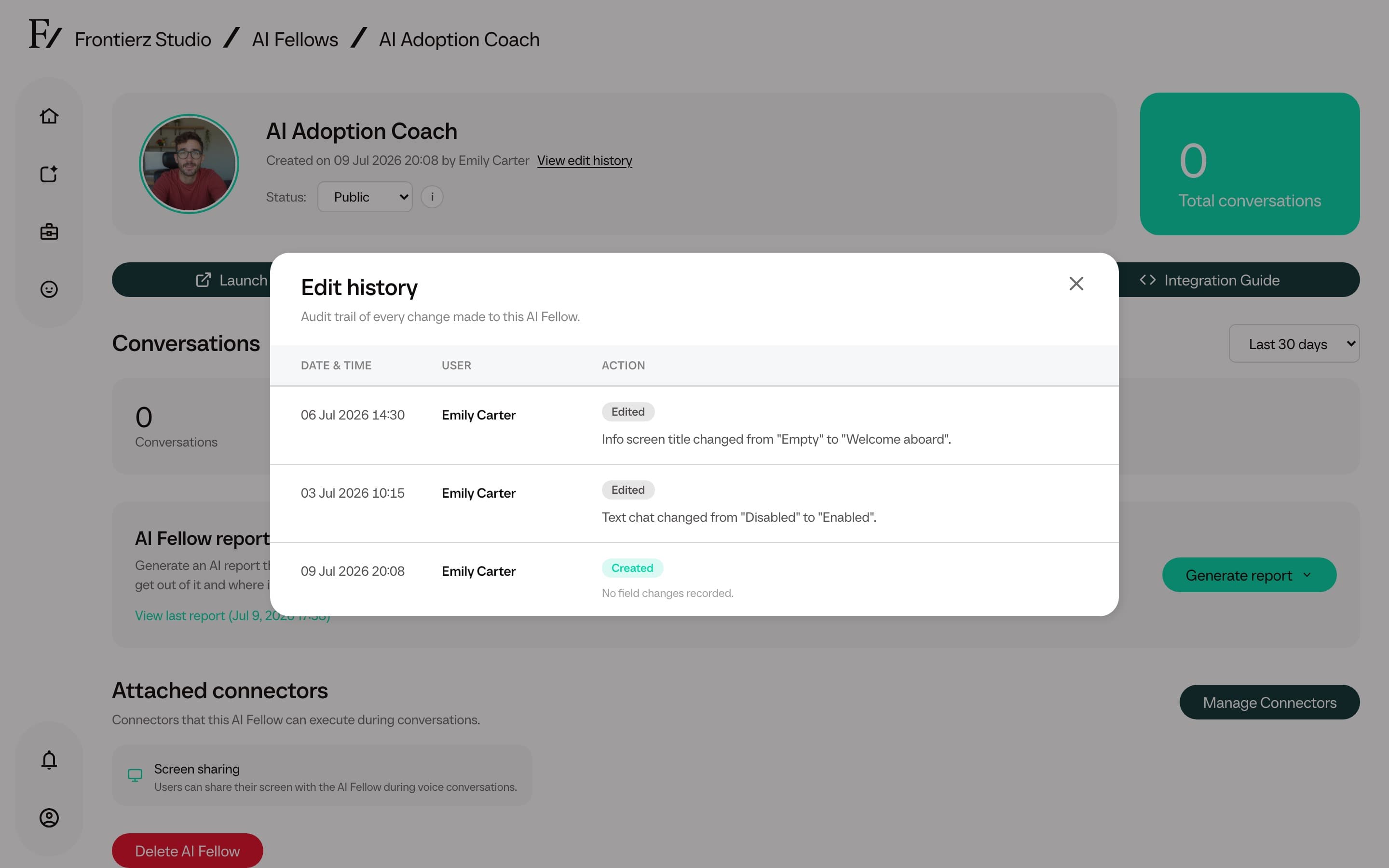 Edit history modal showing recorded AI Fellow changes