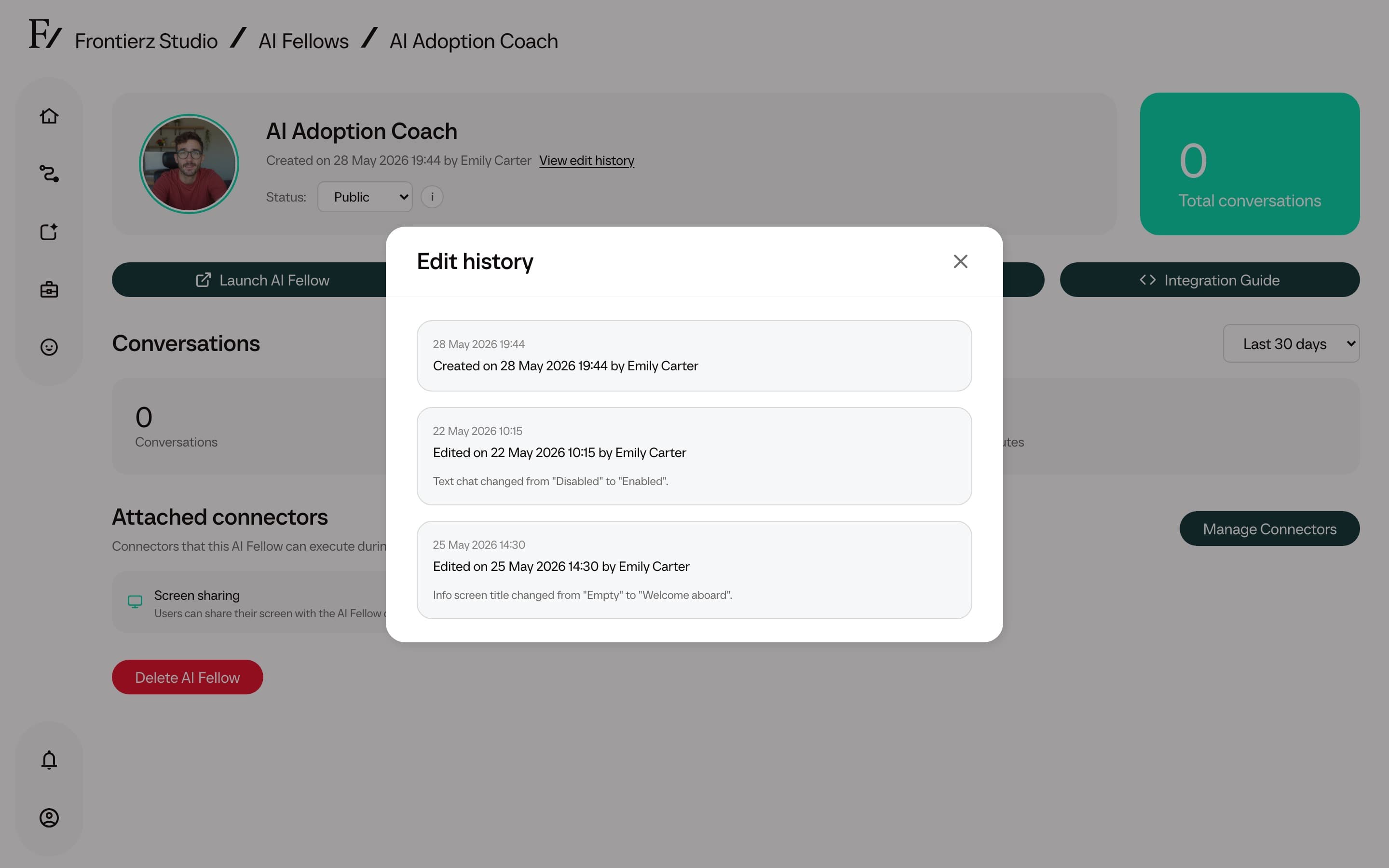 Edit history modal showing recorded AI Fellow changes