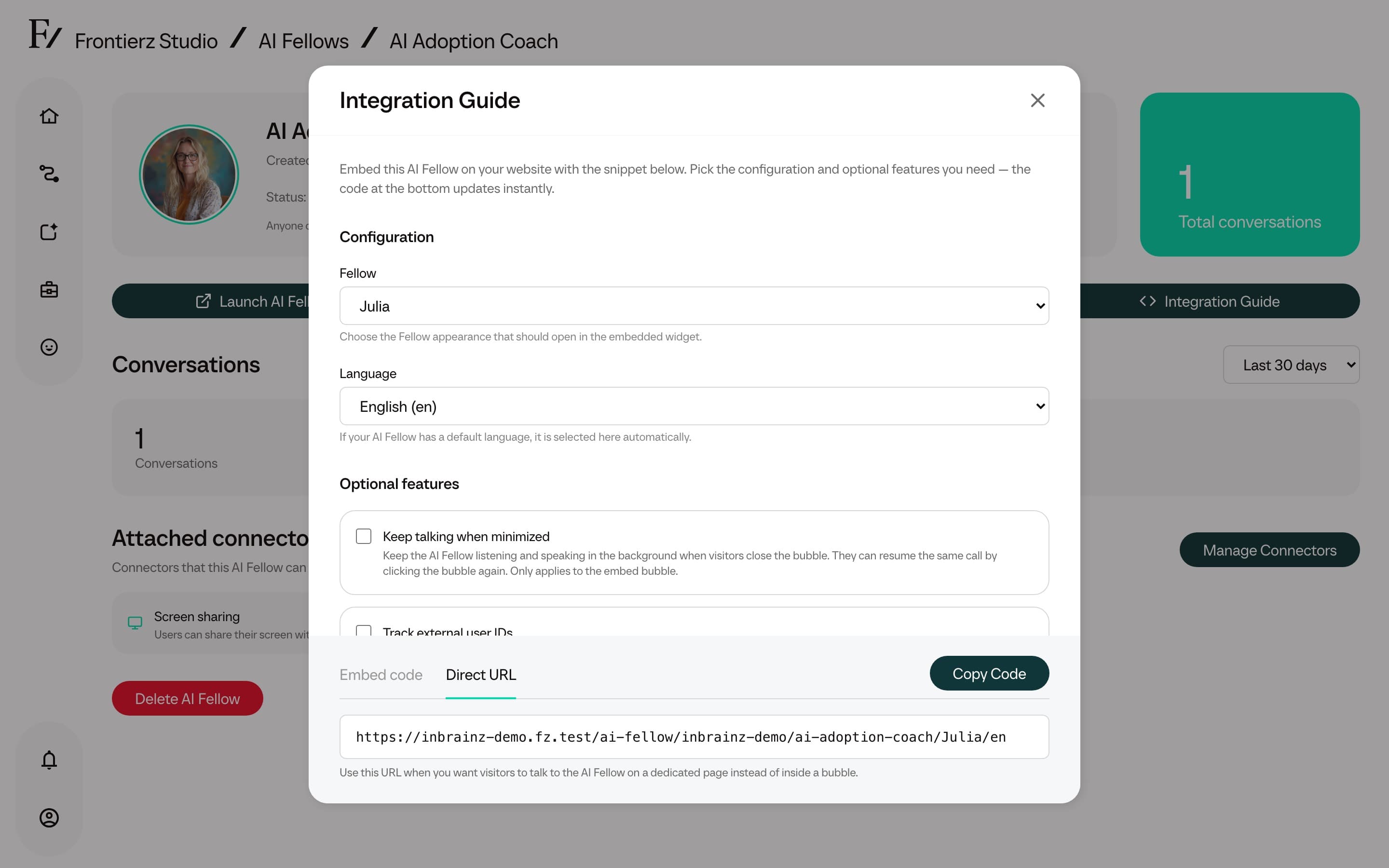 Integration Guide modal on Direct tab