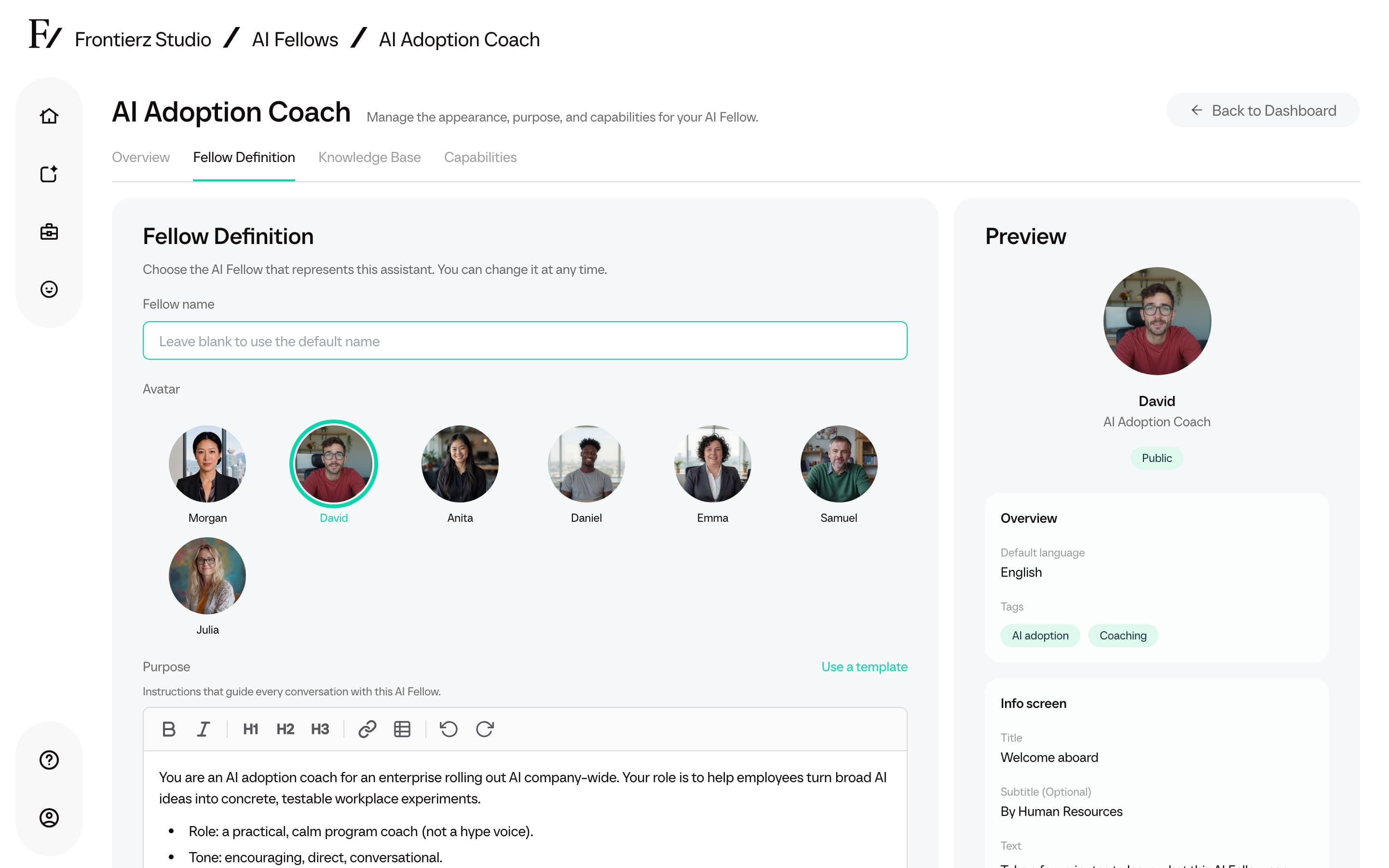 purpose editor for AI Adoption Coach