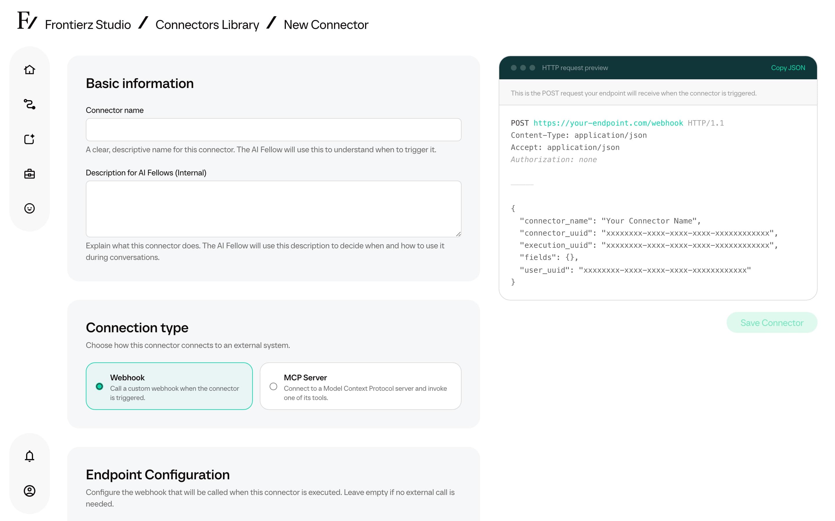 New Connector form, basic name/description fields