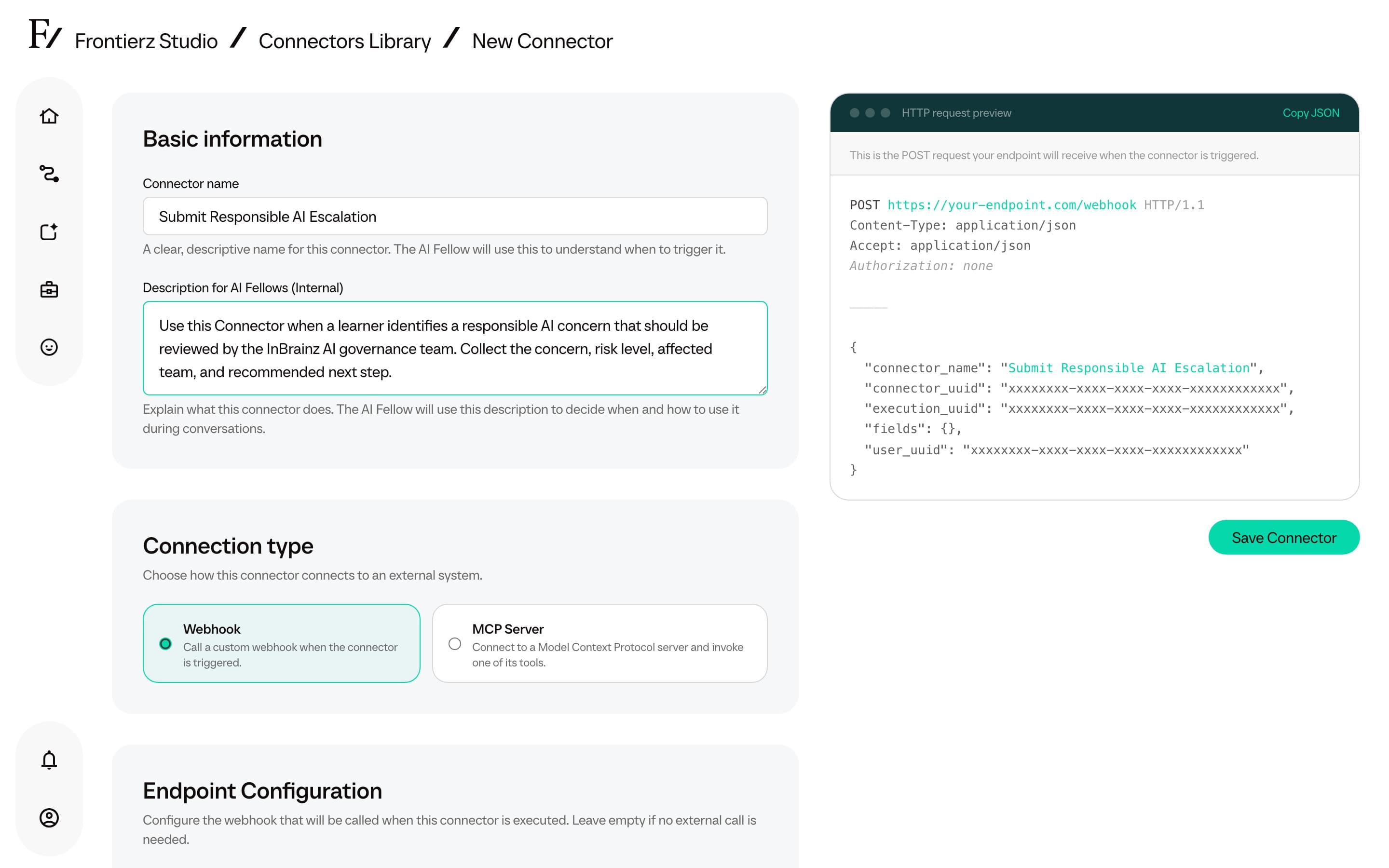 Connector type selector showing HTTP and MCP