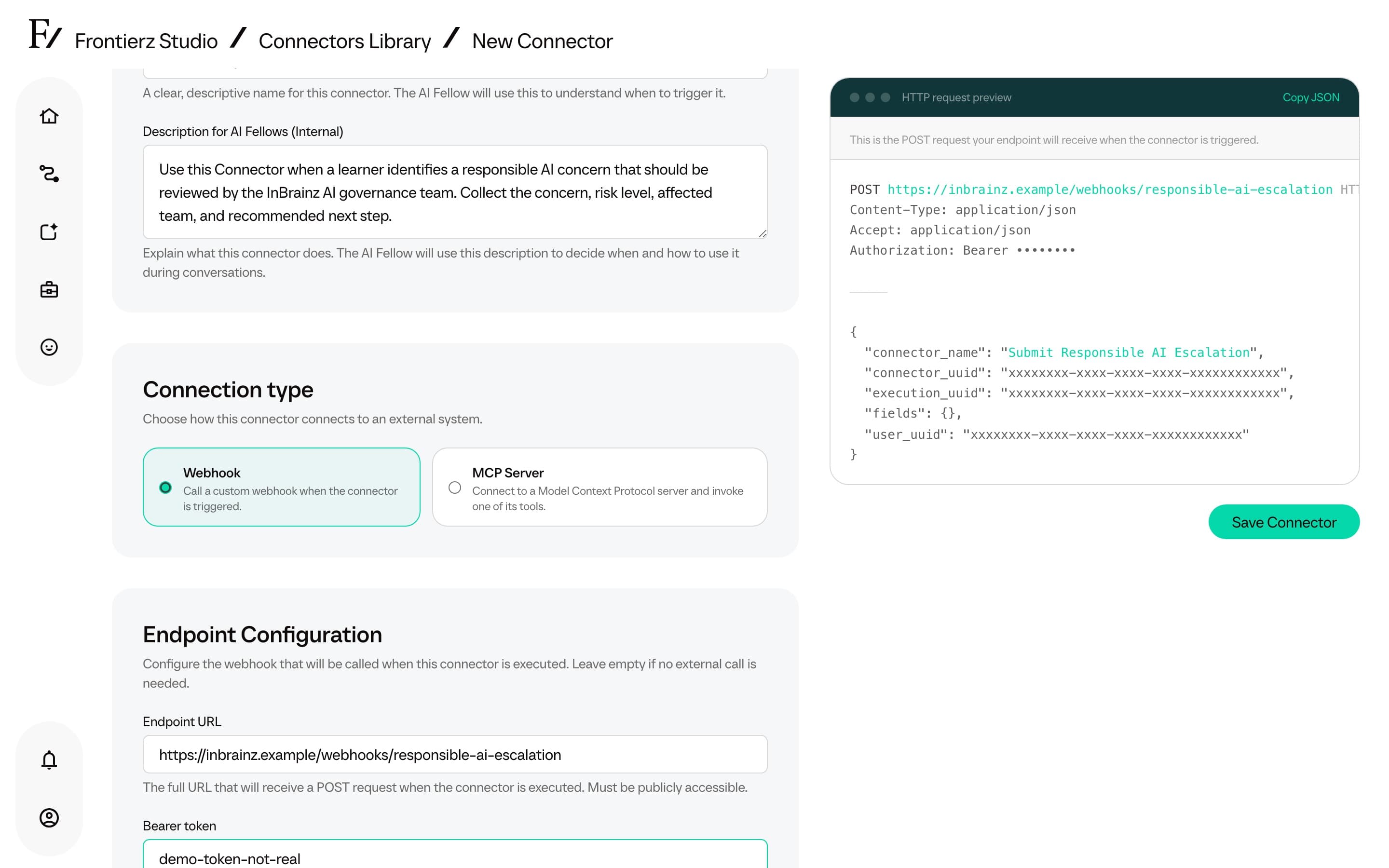 Endpoint/authentication section for HTTP Connector