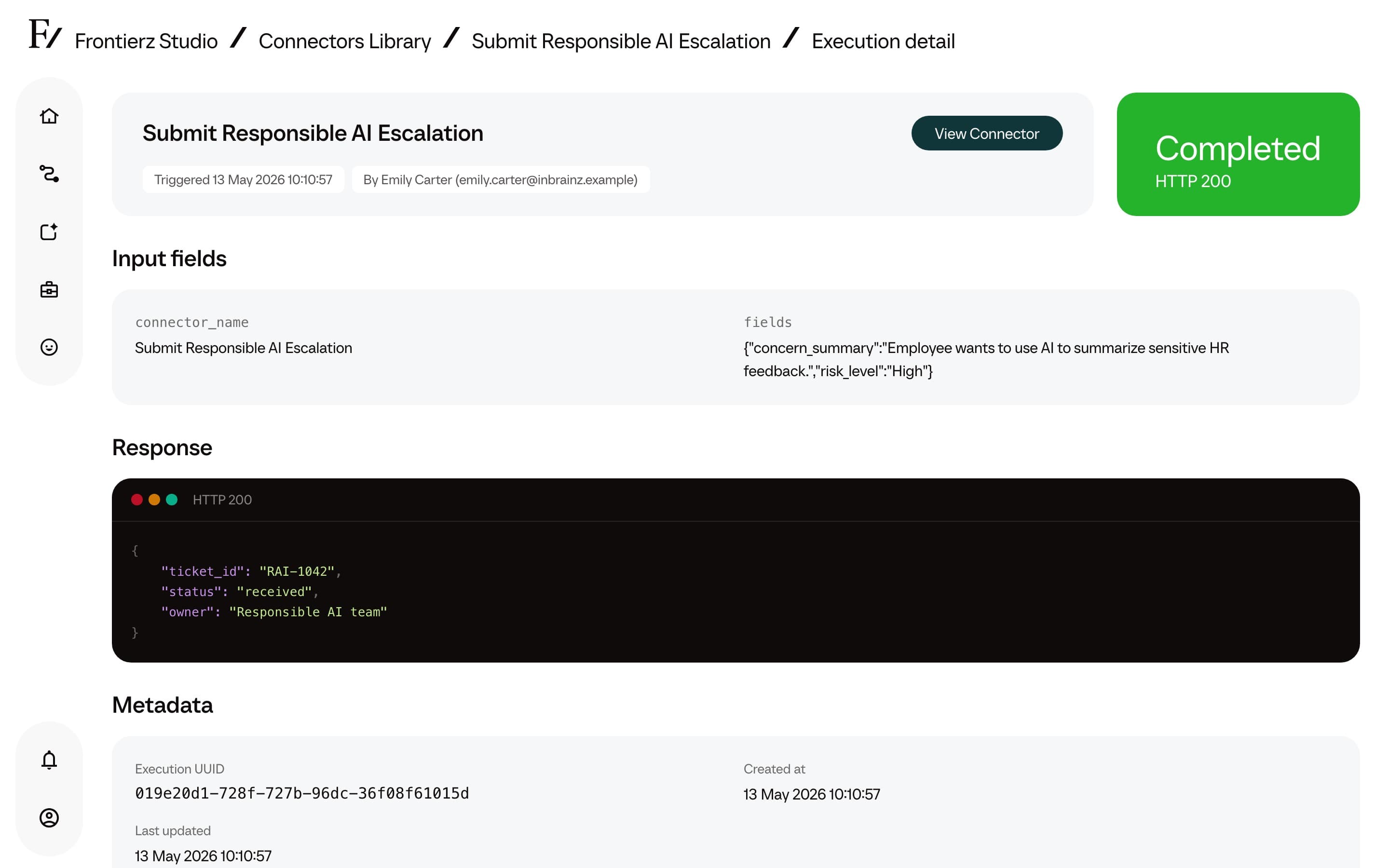 Execution row detail with payload and response visible