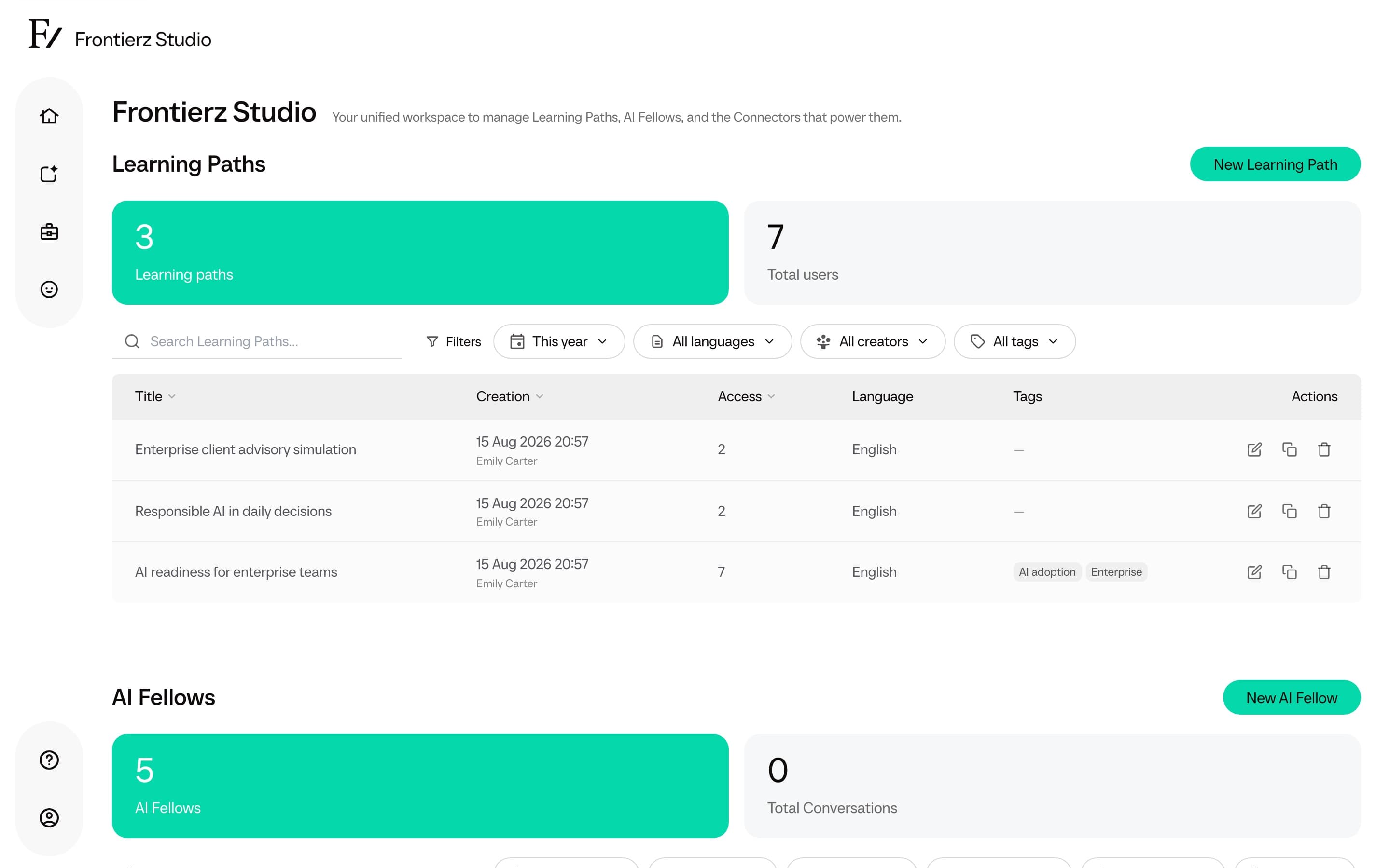 Studio hub showing Learning Paths, AI Fellows, Connectors