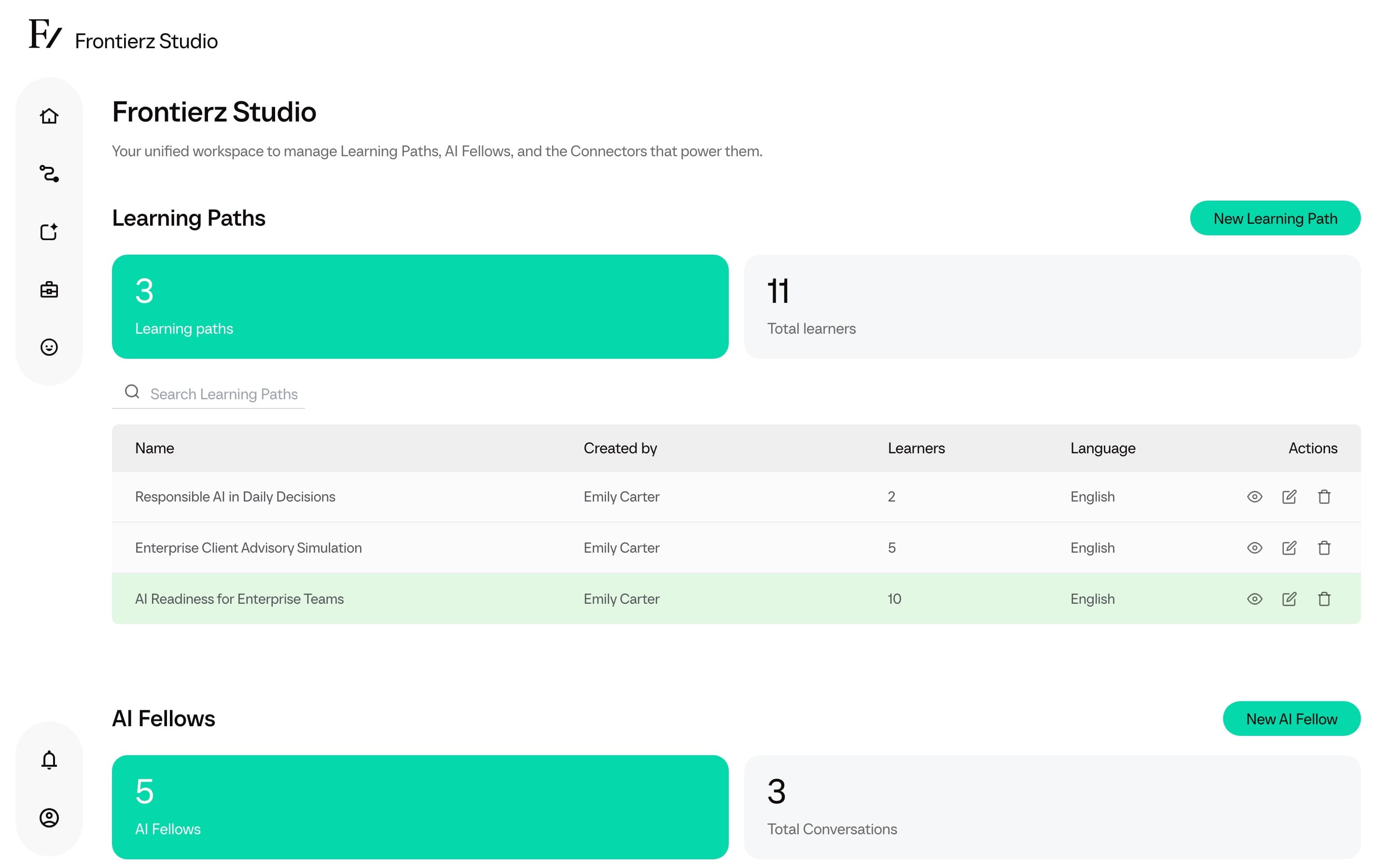 Studio hub showing Learning Paths, AI Fellows, Connectors