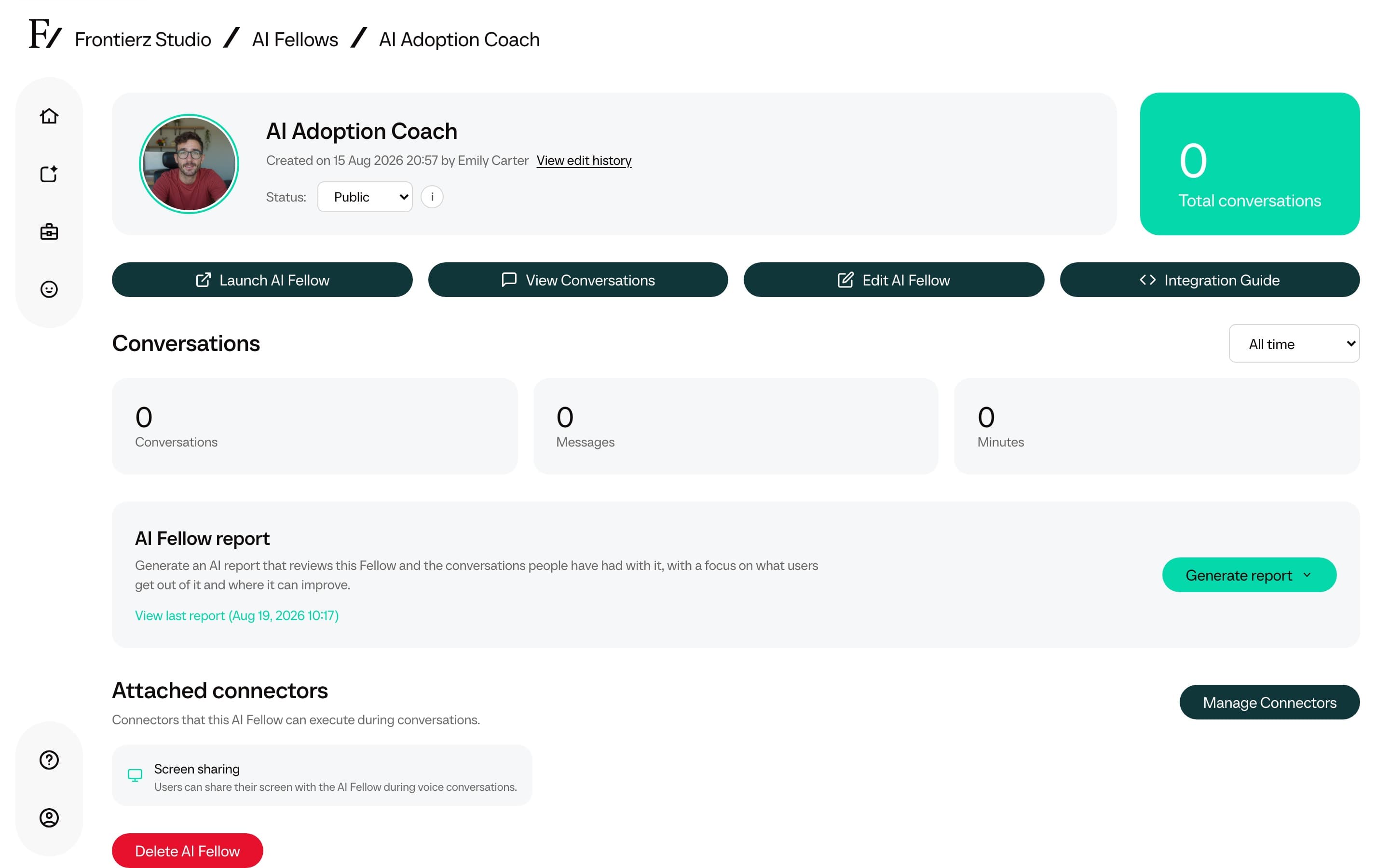 AI Fellow monitor page showing visibility, status, conversations, and action buttons