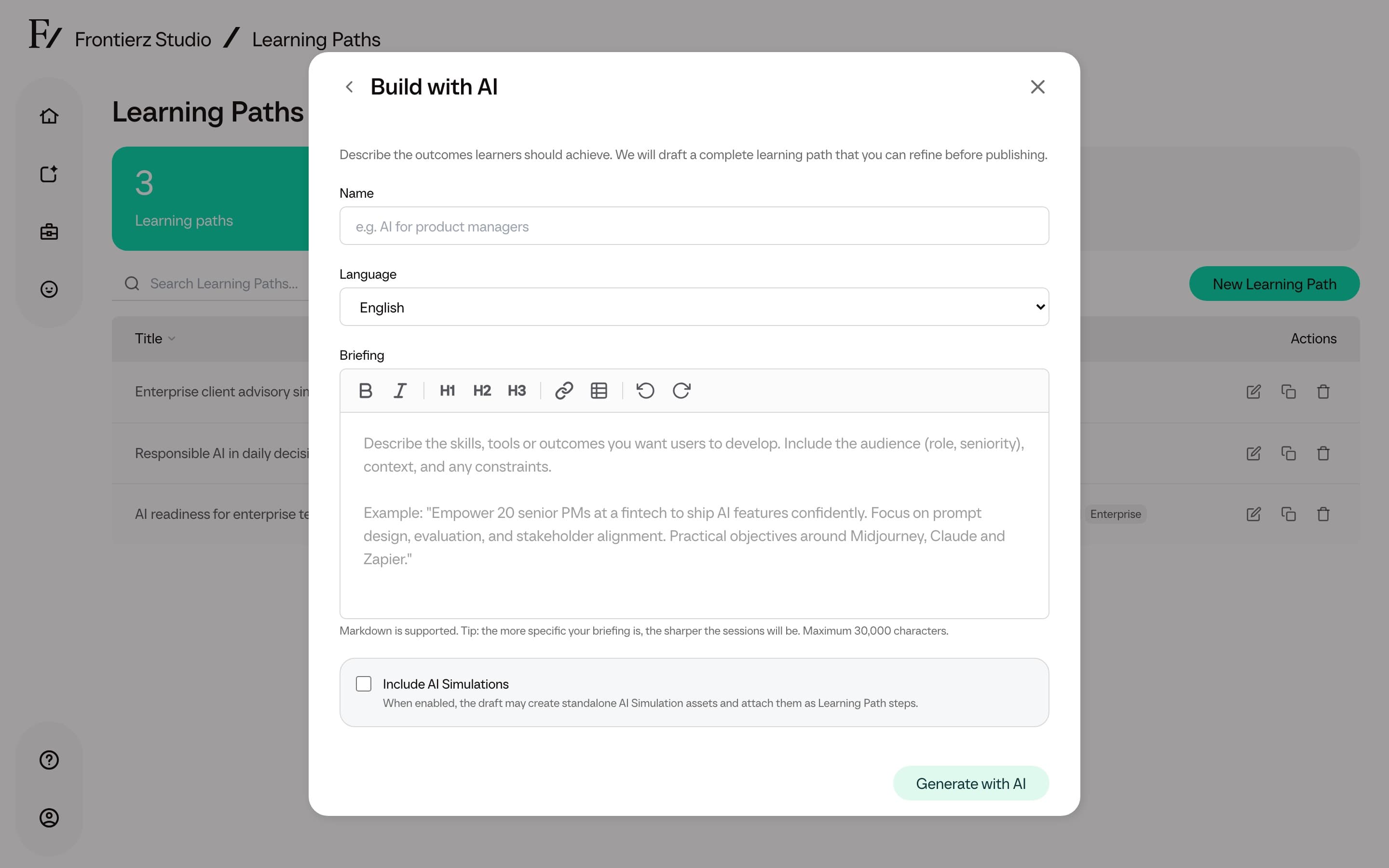 Build with AI form with name, language, and briefing
