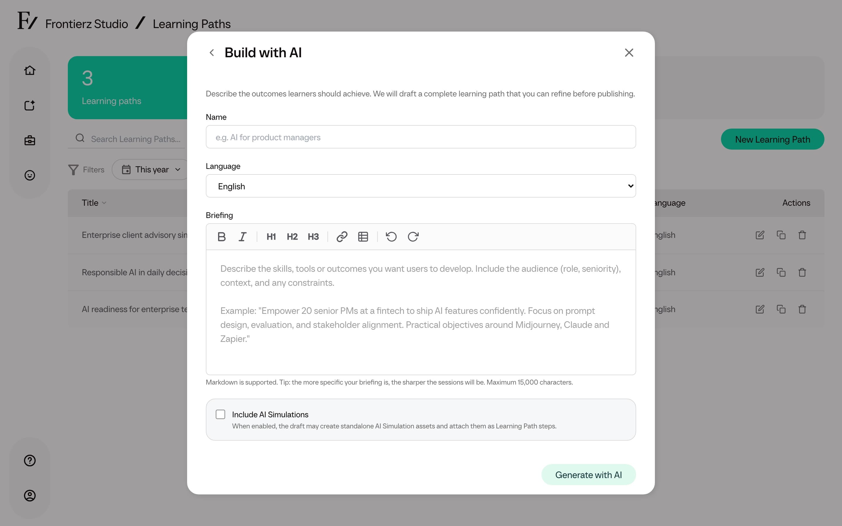 Build with AI form showing the Include AI Simulations toggle