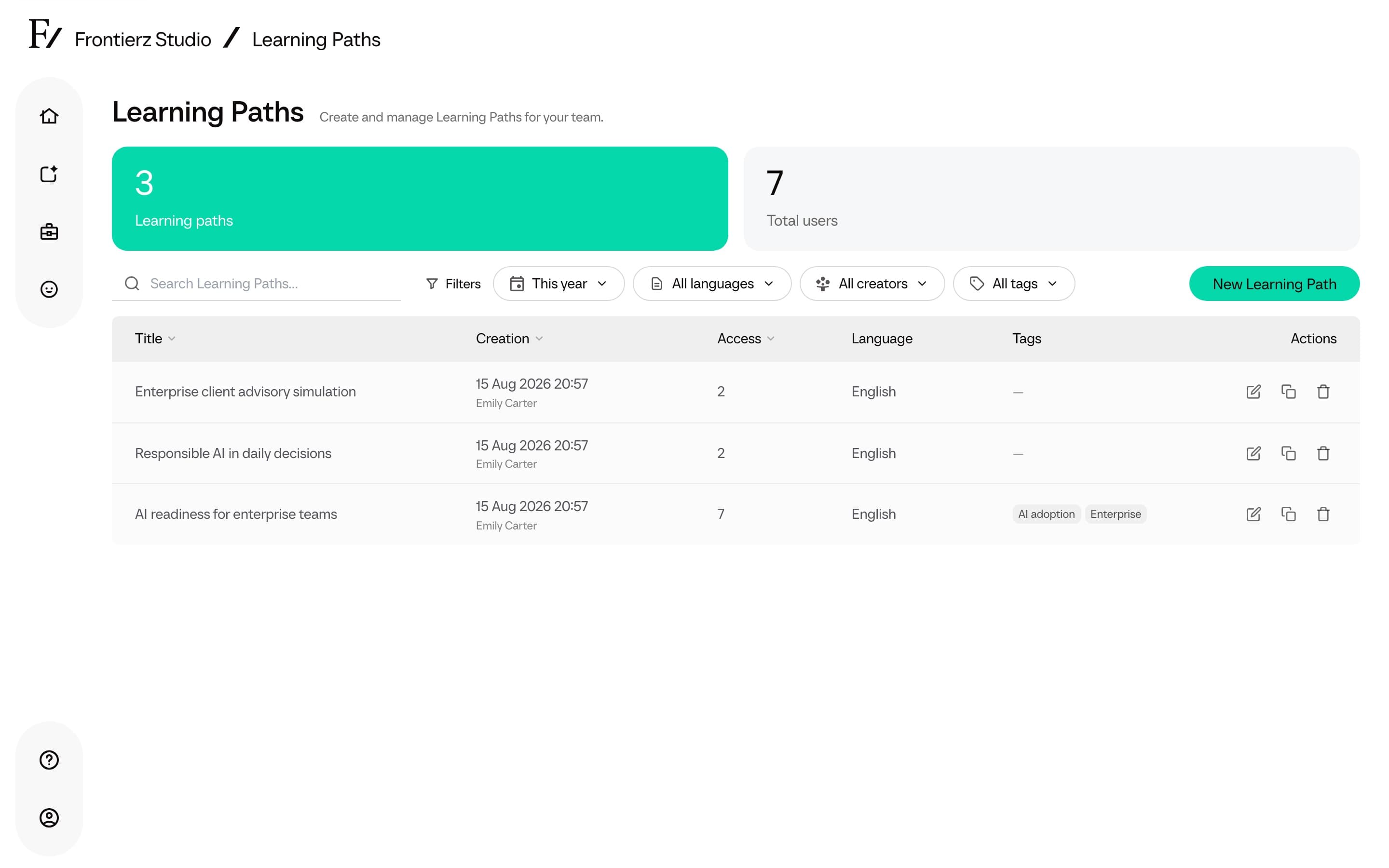 Learning Paths list with New Learning Path button