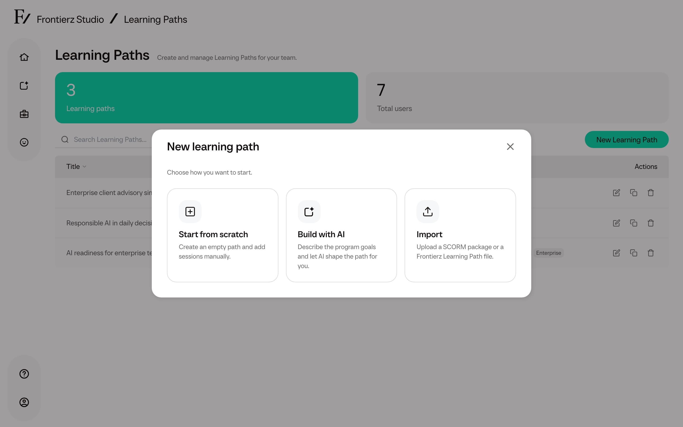New Learning Path modal with Start from scratch, Build with AI, and Import