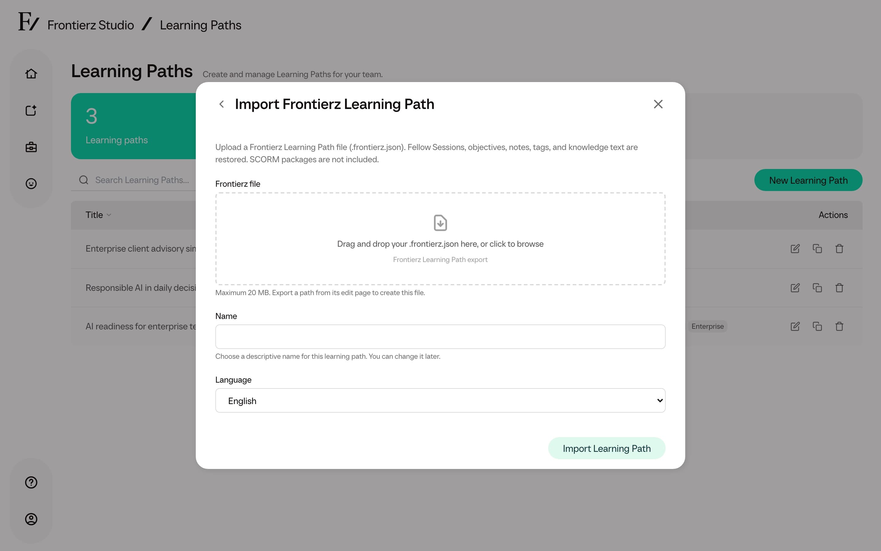 Import Frontierz Learning Path upload step