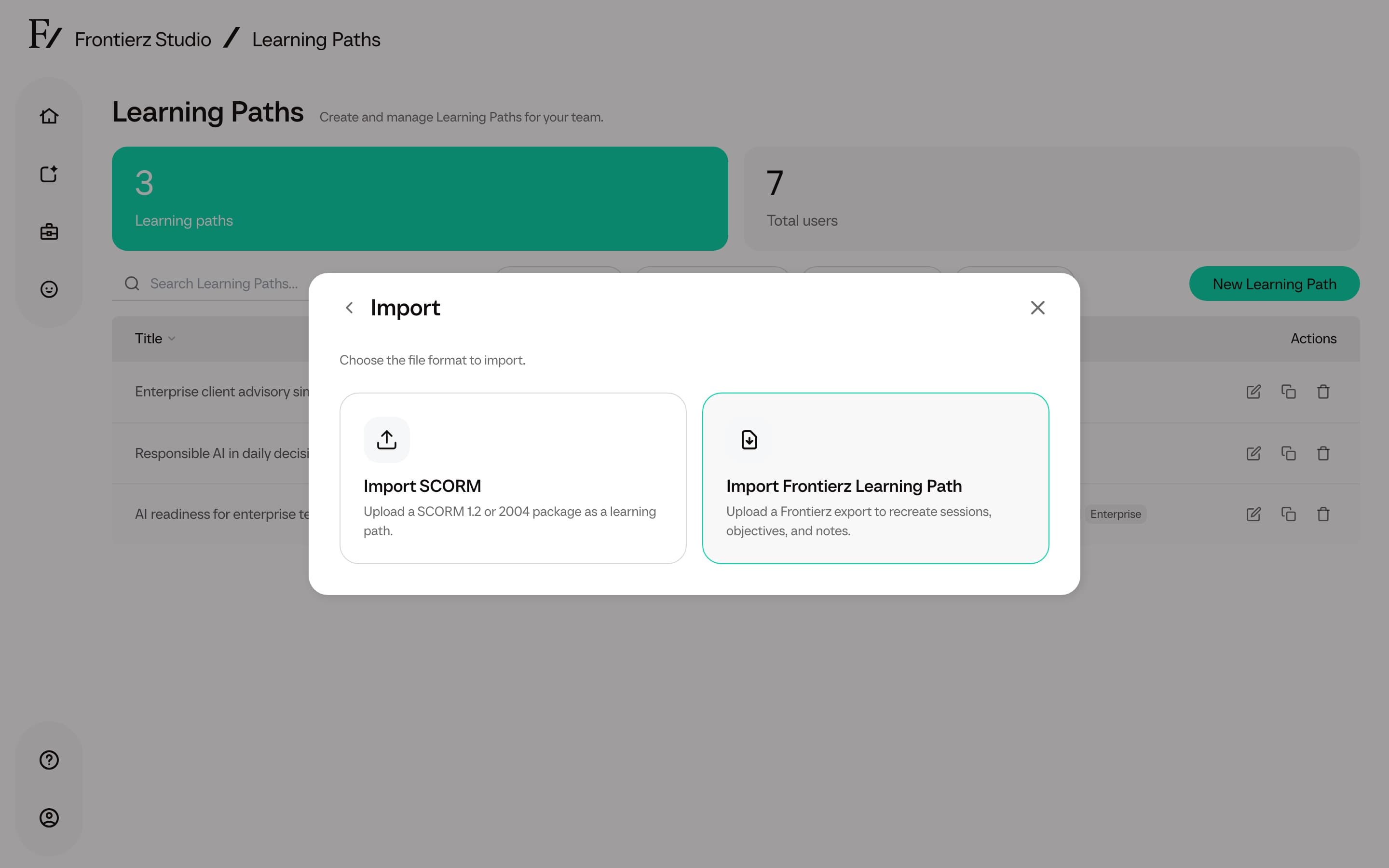 New Learning Path import format chooser