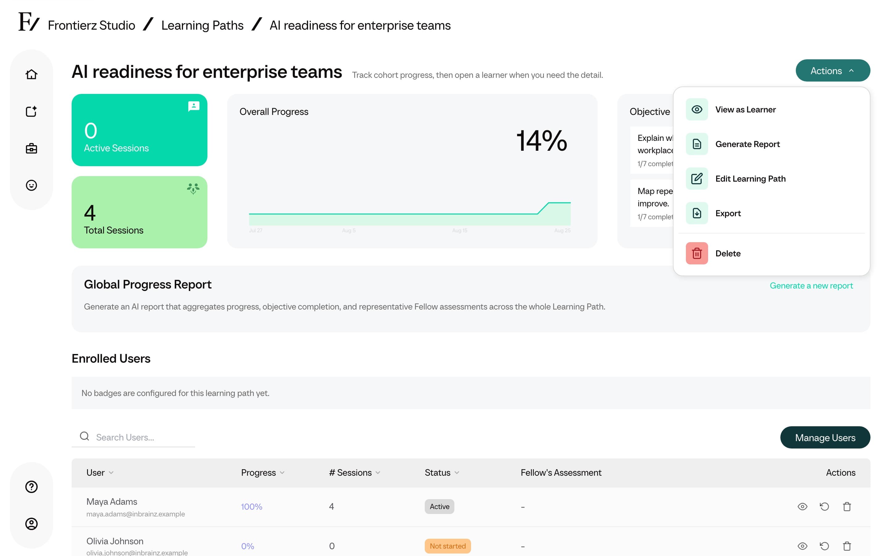 Learning Path dashboard Actions menu with Export