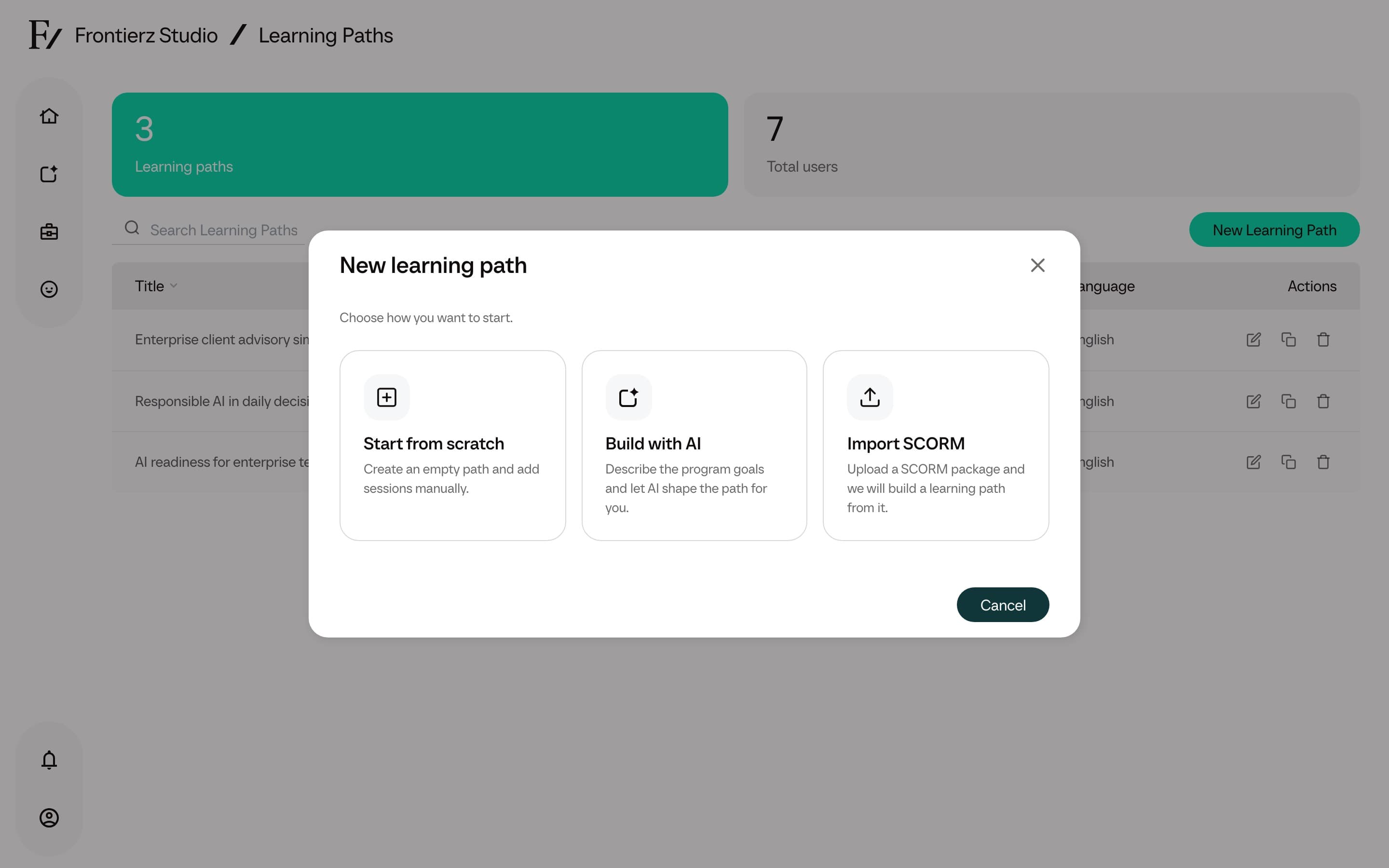 New learning path modal with the Import SCORM option