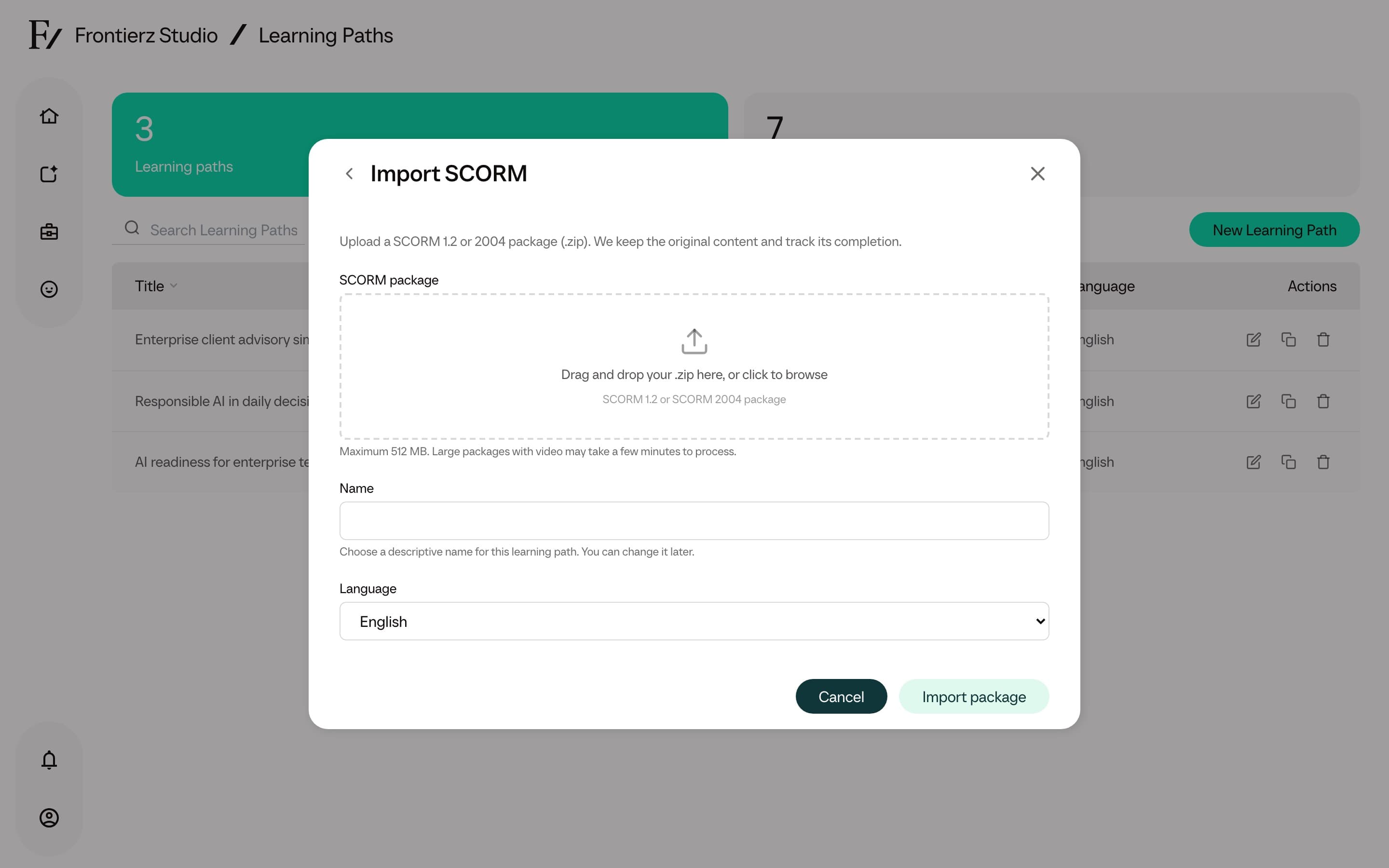 Import SCORM step inside the New learning path modal