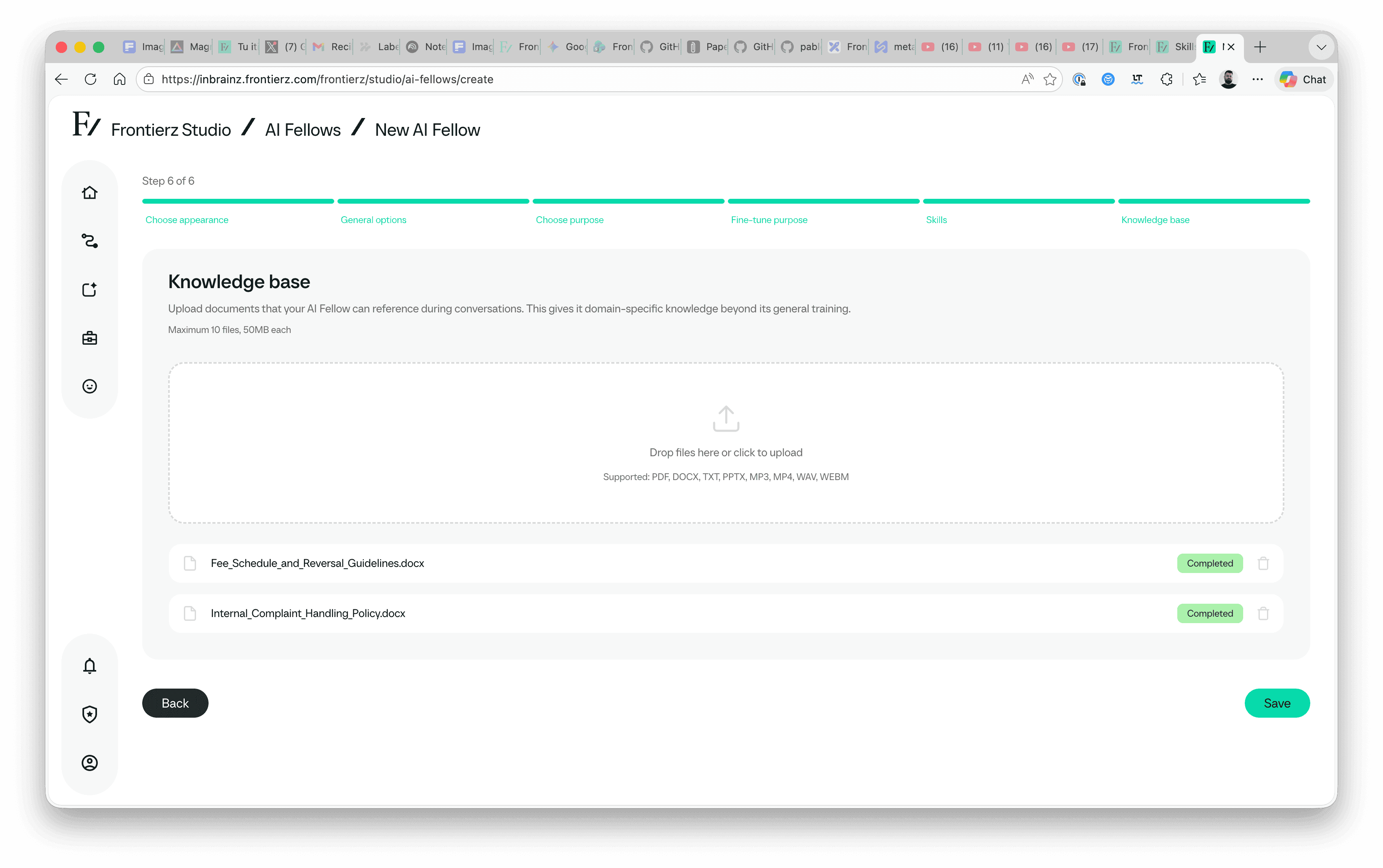 Knowledge Base section showing uploaded documents