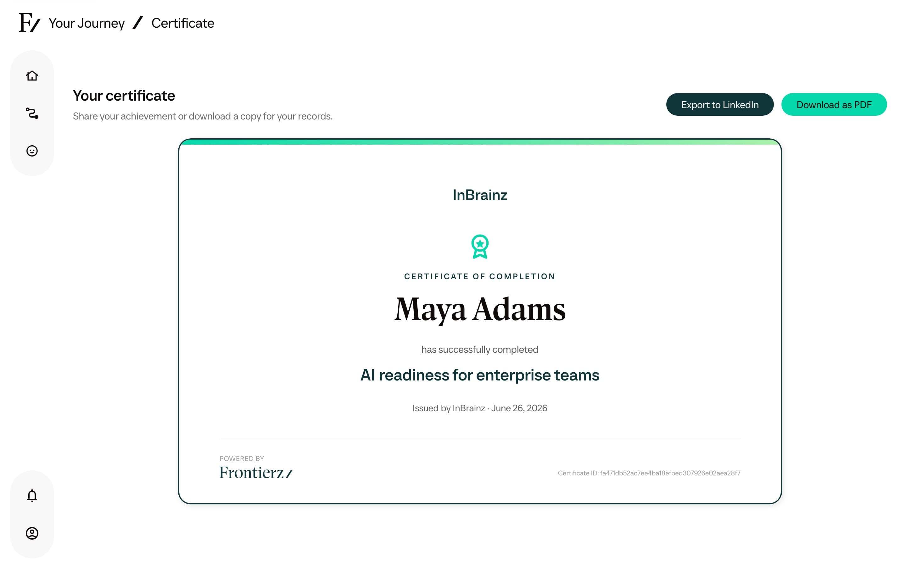 The certificate screen with the Export to LinkedIn and Download as PDF options