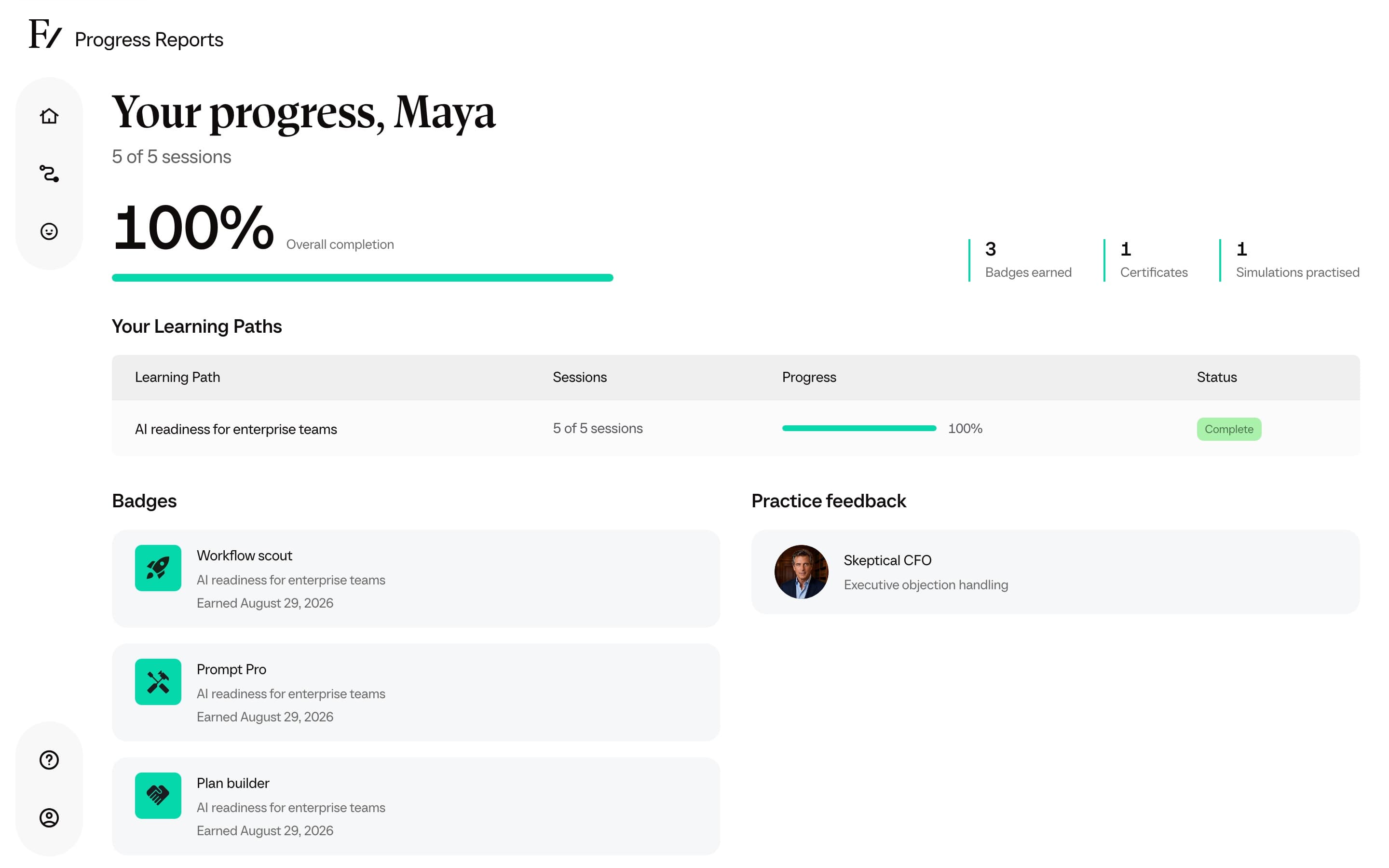 Progress Reports showing overall completion, Learning Paths, badges, and practice feedback