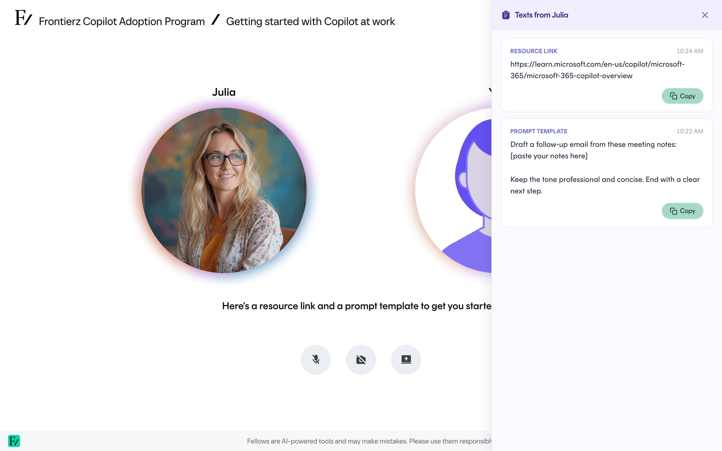 A live session with the text panel showing content shared by the AI Fellow