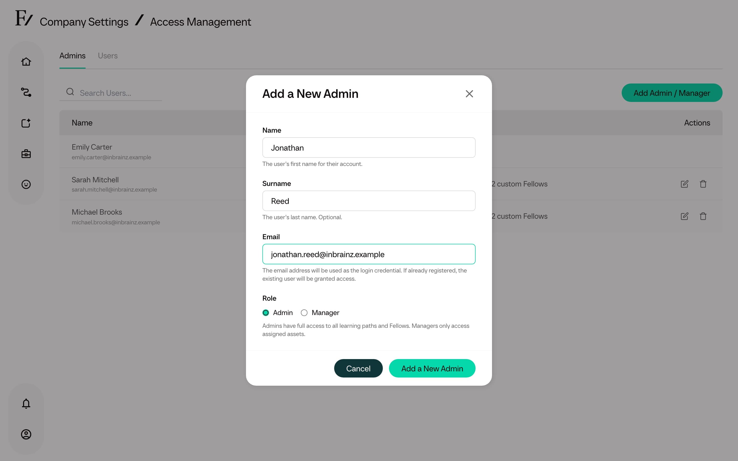 Add Full Admin or Manager modal, role selector visible