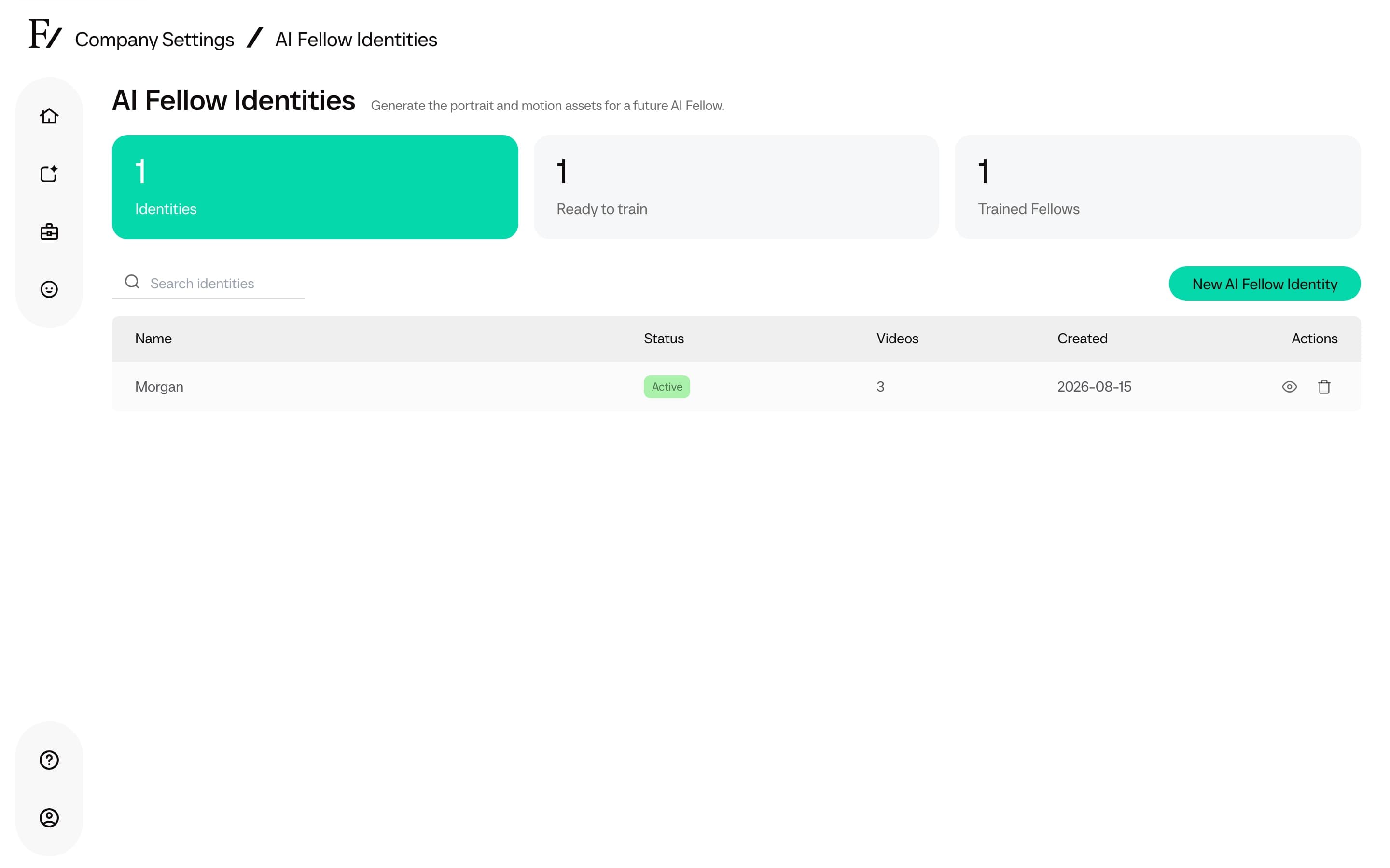 AI Fellow Identities list with Building, Active, and Inactive statuses