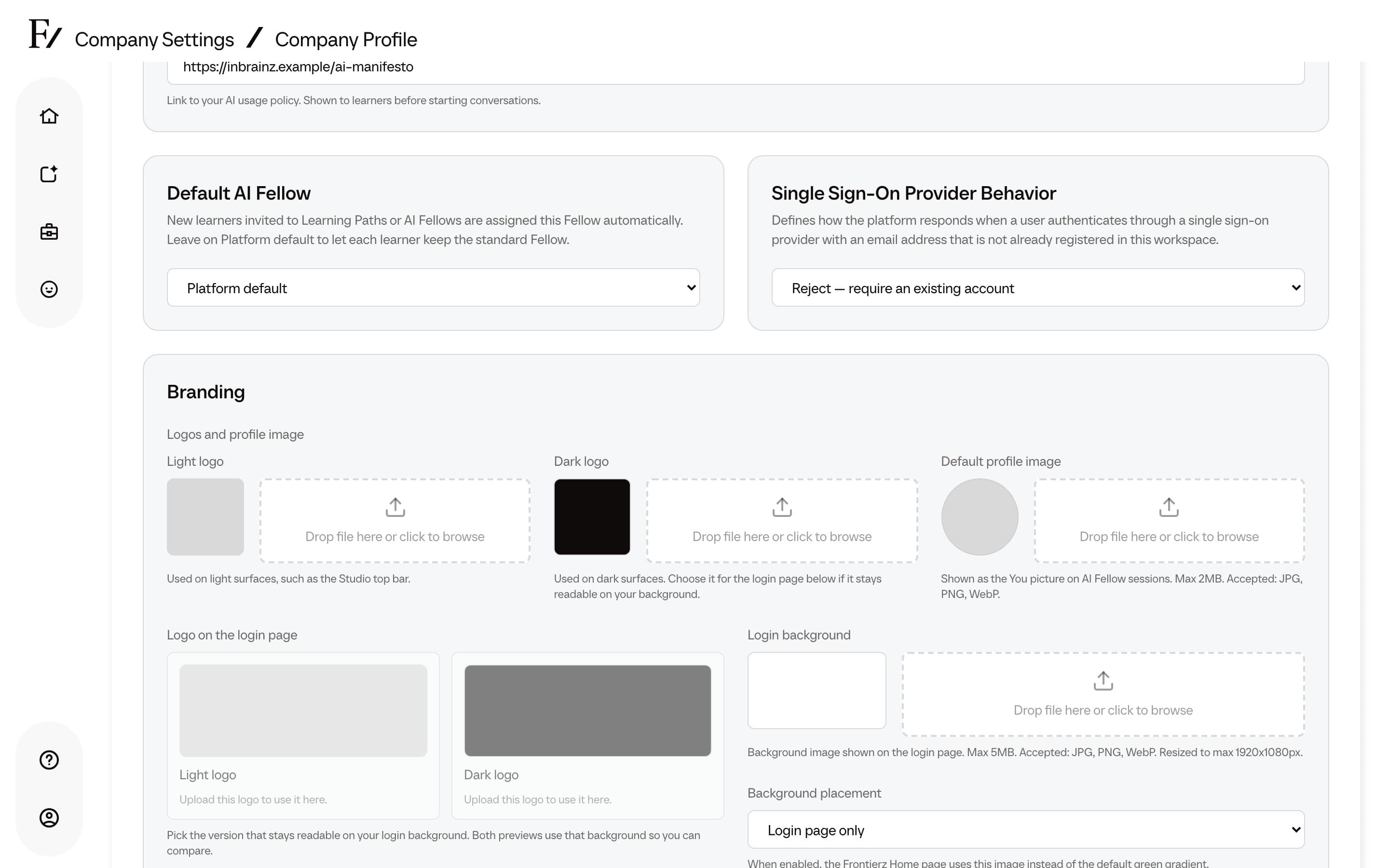 Company Profile logos, login logo picker, and default profile image