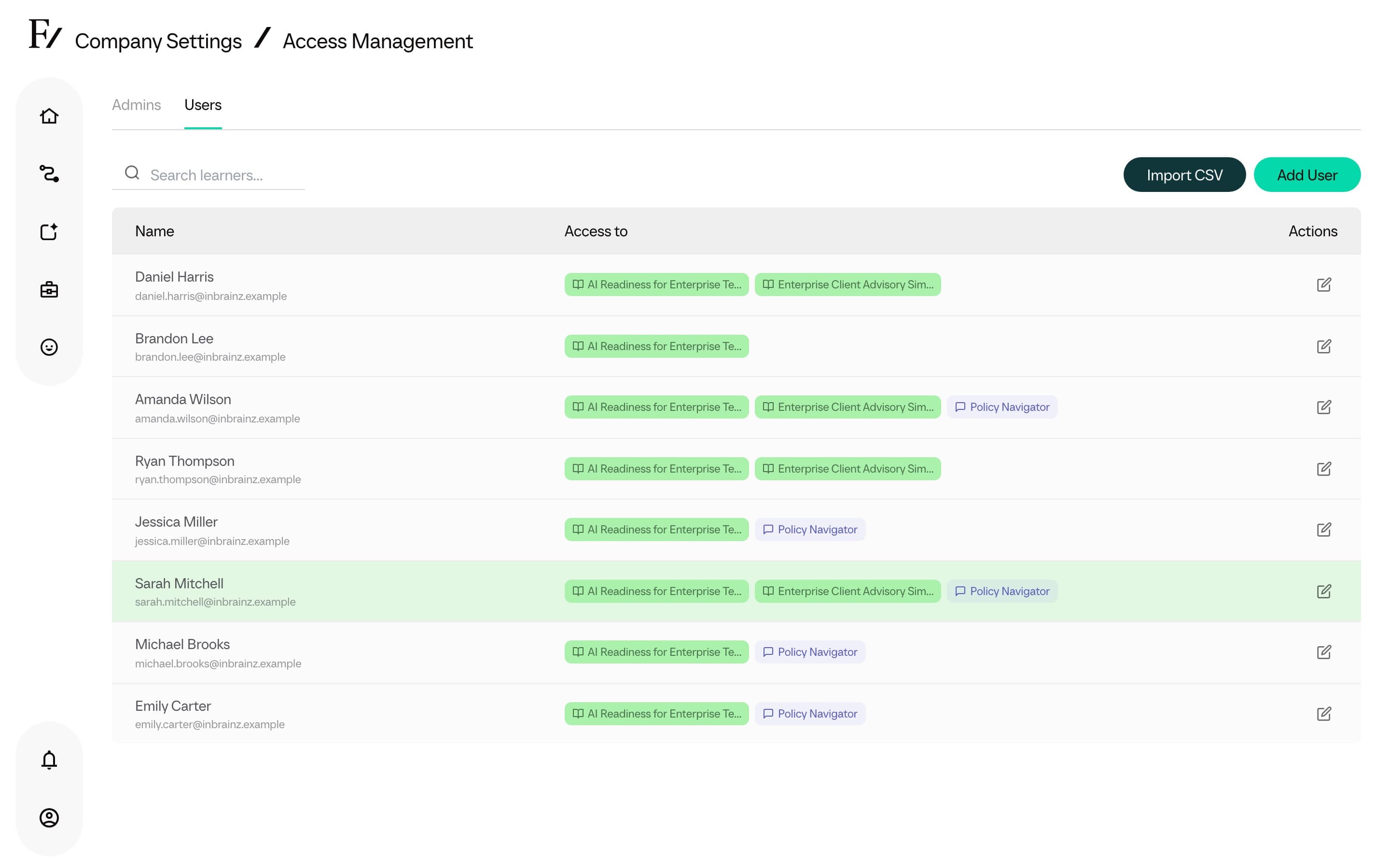 Access Management, Users tab, Import CSV button visible