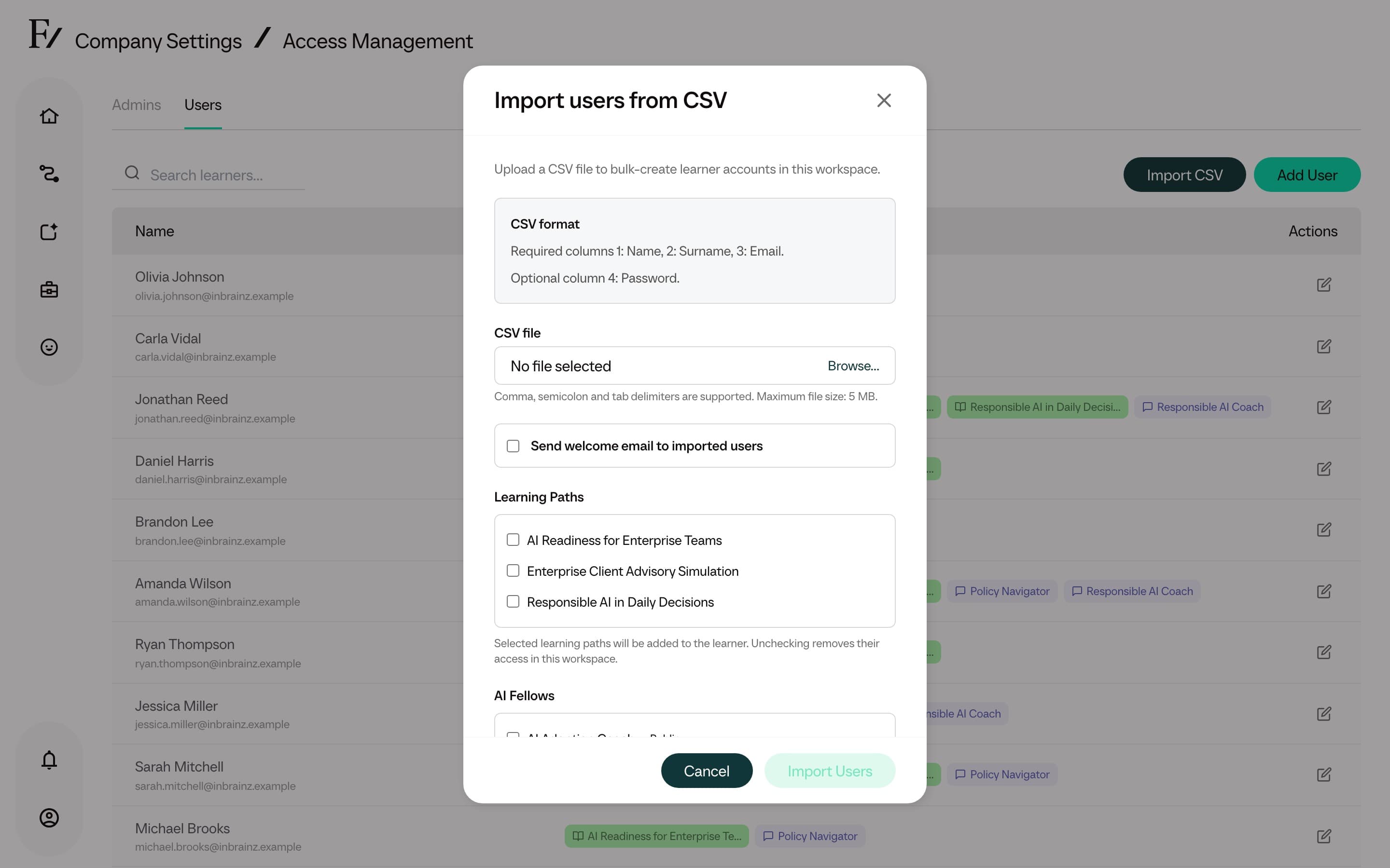 Import CSV dialog before file selection