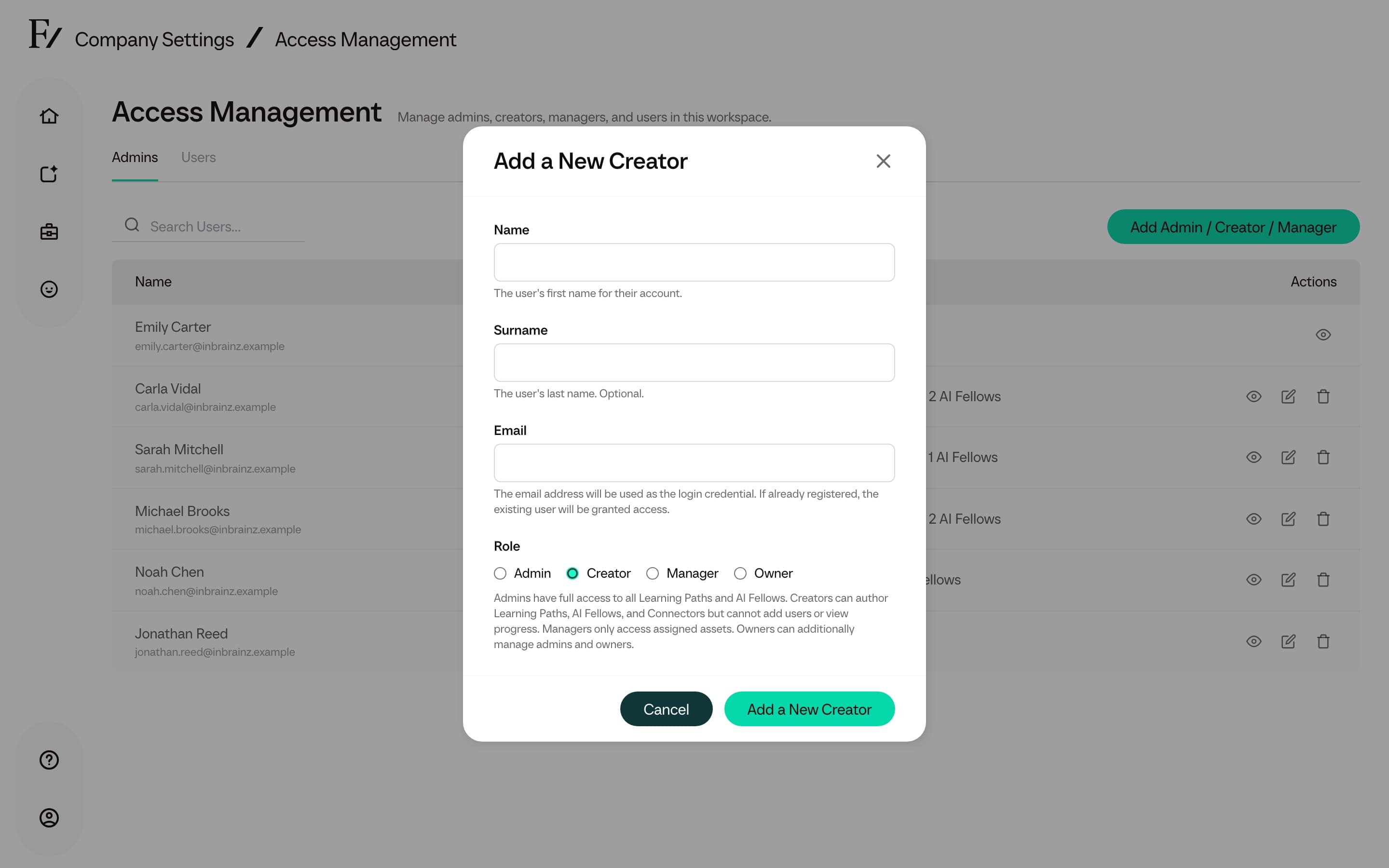 Add Admin, Creator, or Manager modal with Creator role selected