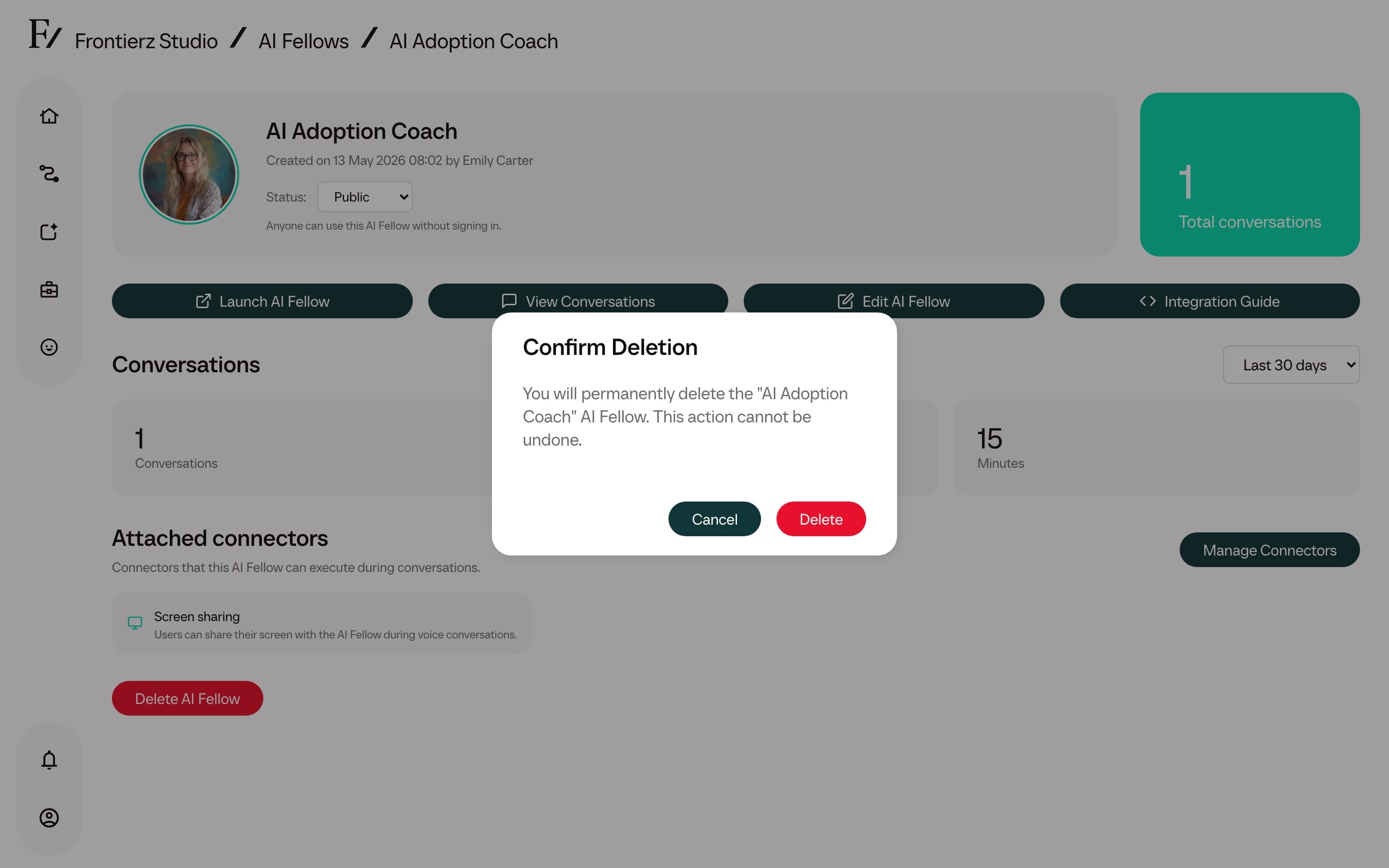 Delete confirmation or disabled destructive action state, if safe in a disposable fellow